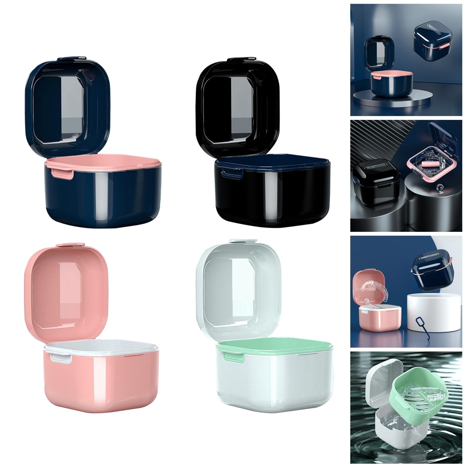 Denture Case w/ Strainer Basket Bath Cleaning Soaking for Night Guard Blue