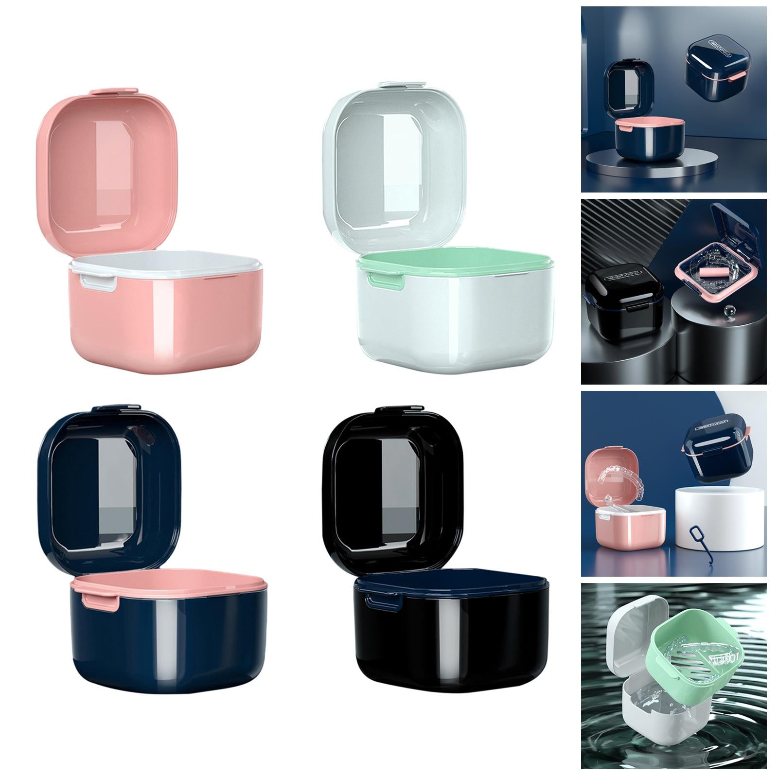 Denture Case w/ Strainer Basket Bath Cleaning Soaking for Night Guard Blue