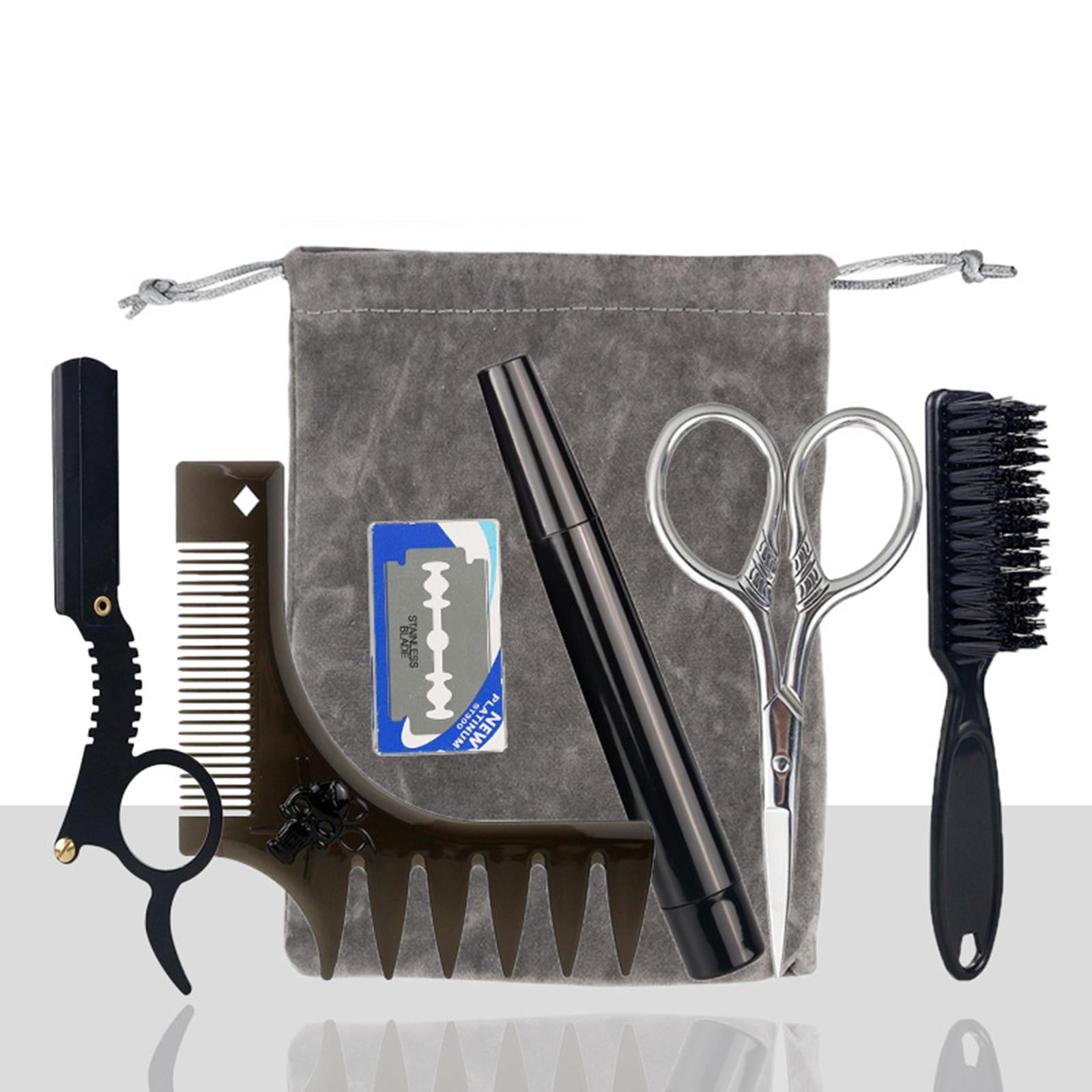 Beard Comb Set Grooming Scissors Styling Combs Wide Tooth Comb for Men Brown