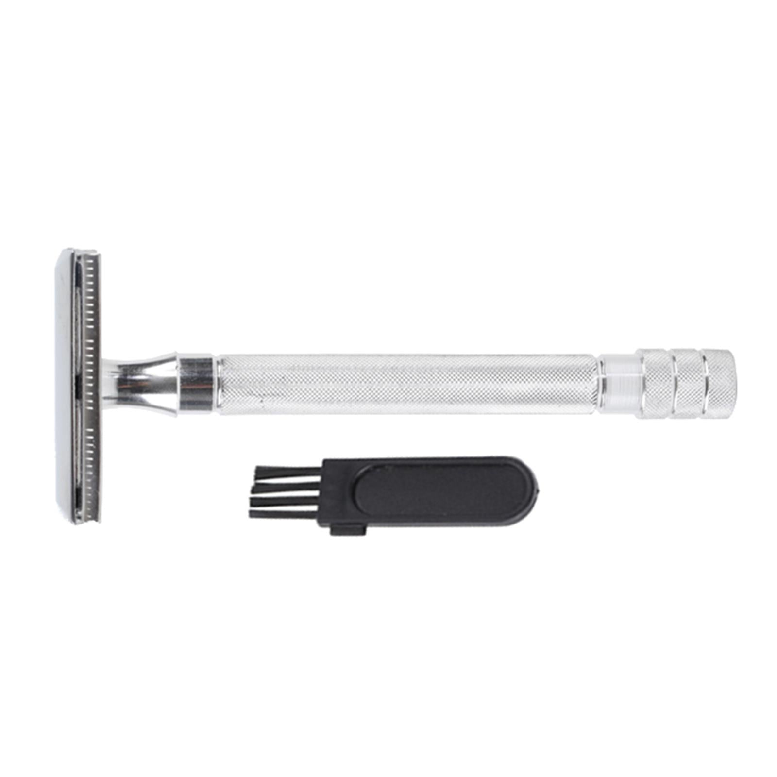 Classic Metal Double Edge Safety Razor for Men Everyday Use w/ Brush Silver
