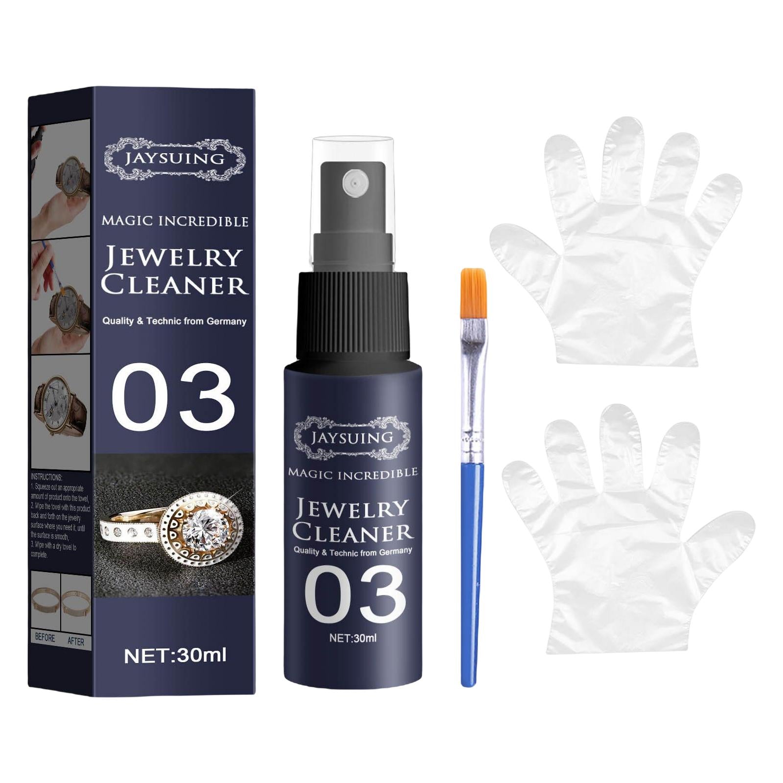 Jewelry Cleaner Cleaning Spray Stain Free for Necklace Silver Earrings Watch 30mlwith Glove Brush