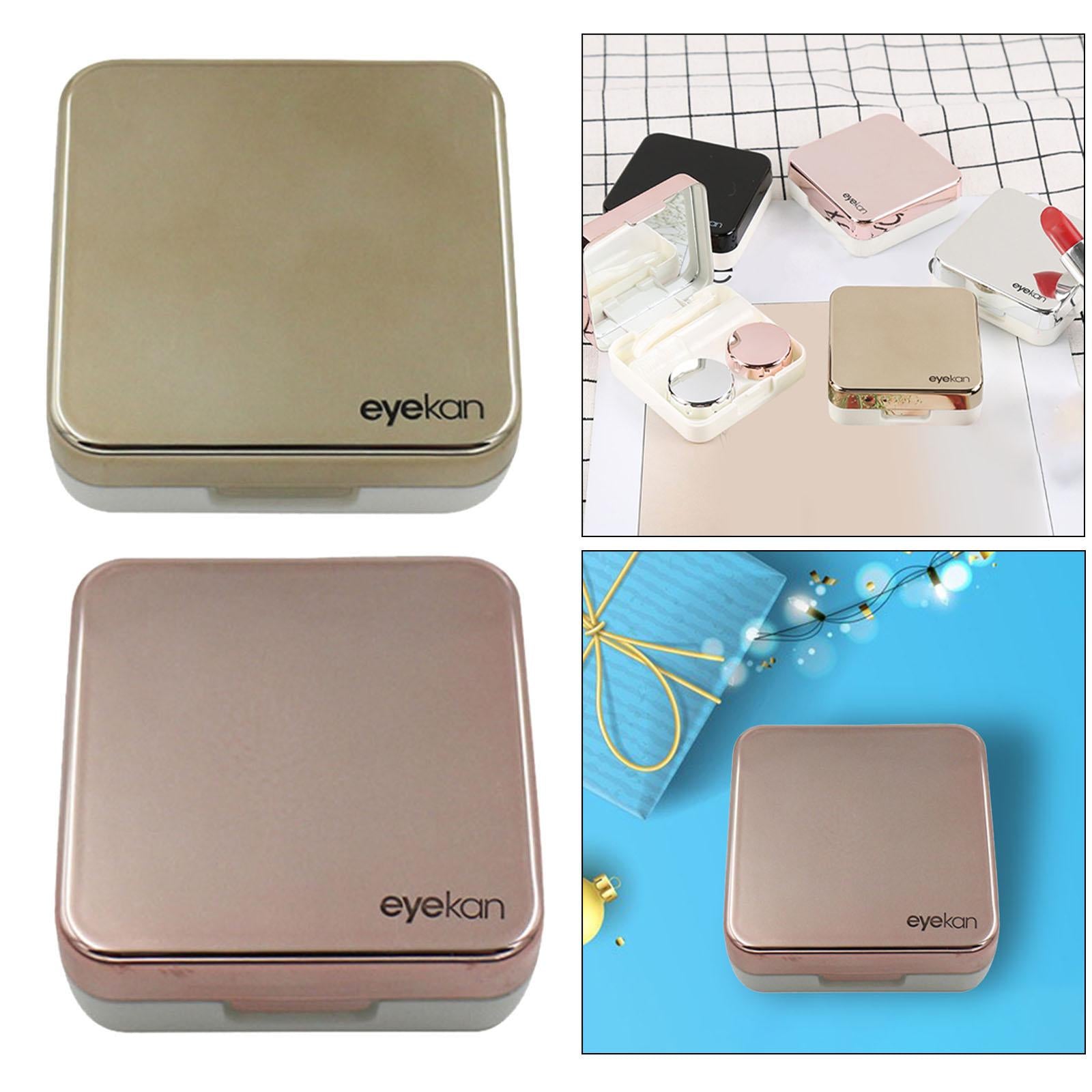 Square Portable Contact Lens Case Mirror Box Daily Use Golden