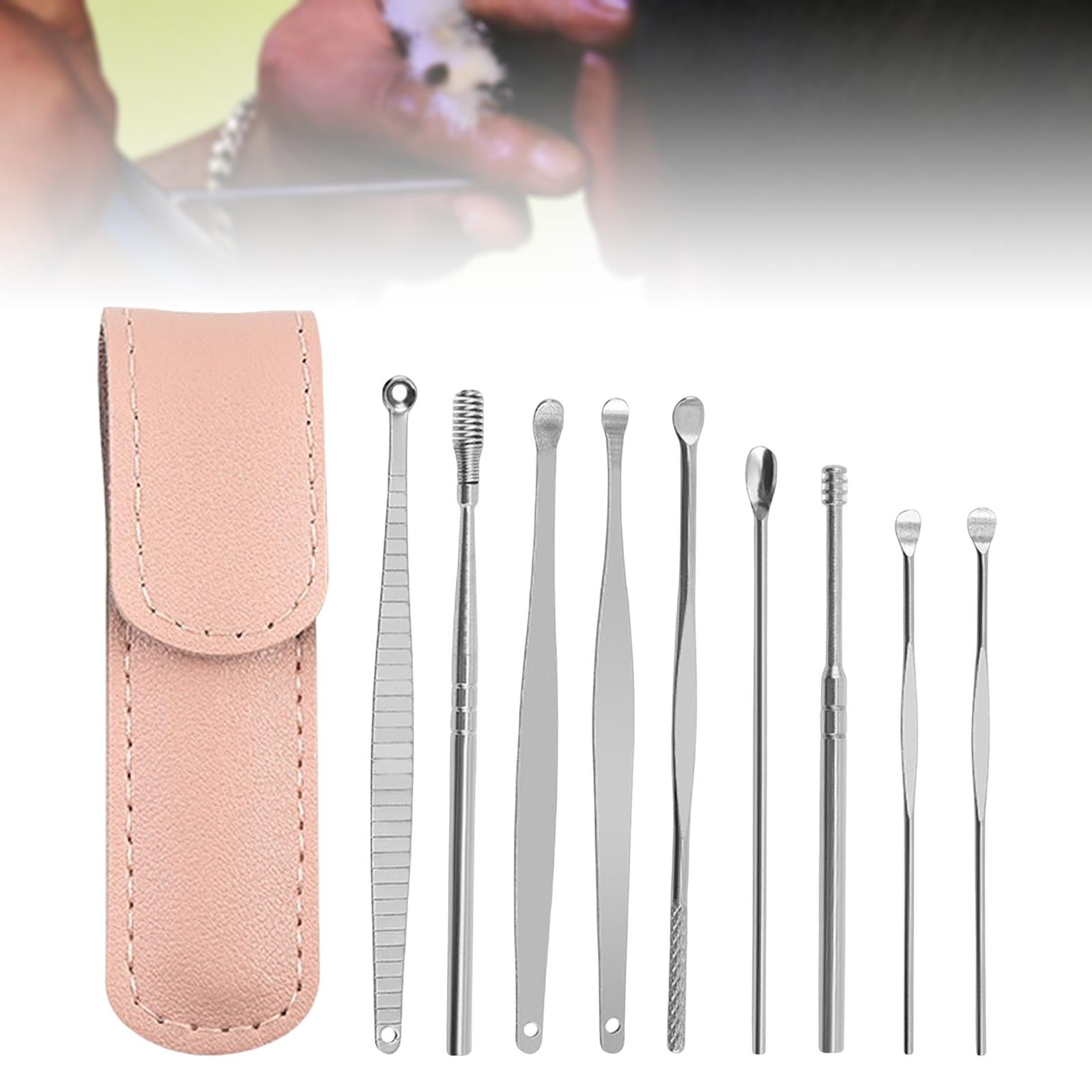9Pcs Ear Wax Removal Tool Stainless Steel Smooth Earpick Household Men Women PInk