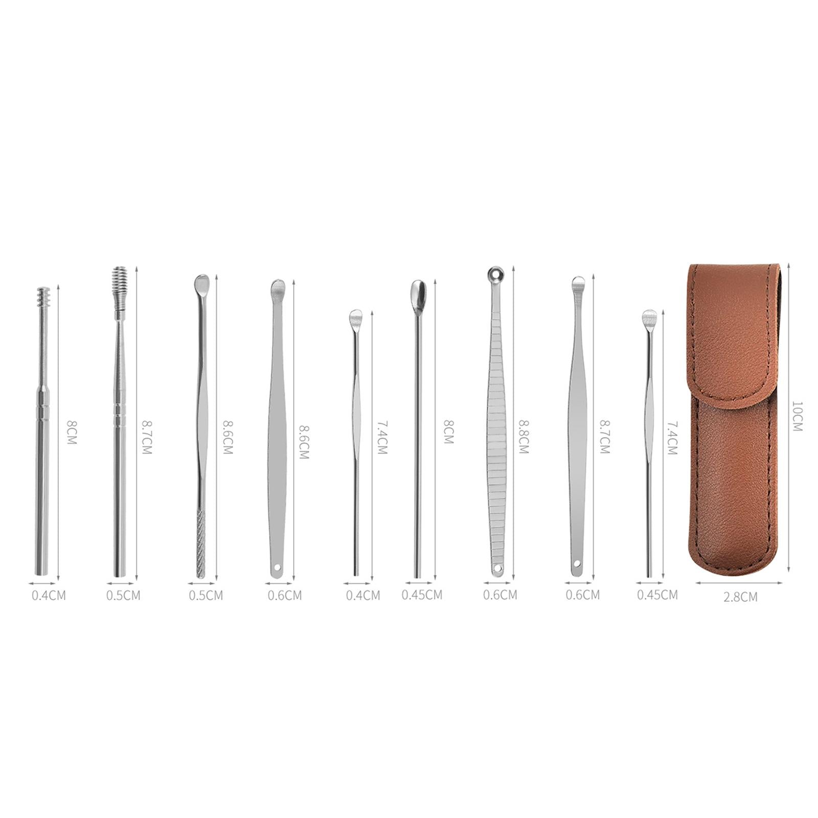 9Pcs Ear Wax Removal Tool Stainless Steel Smooth Earpick Household Men Women Brown