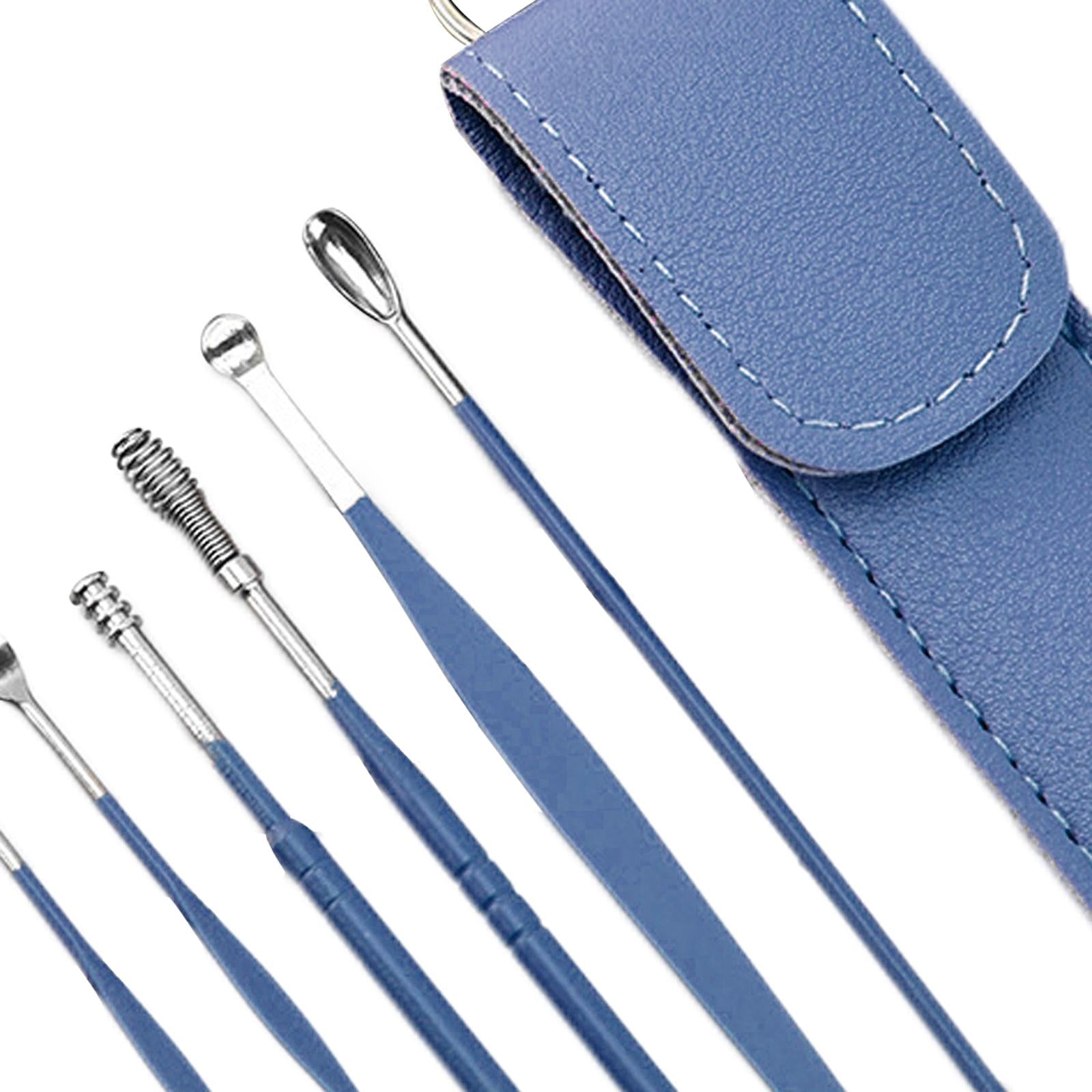 6Pcs Ear Wax Removal Tool Polished for Ear Care with Leather Bag Men Women Blue