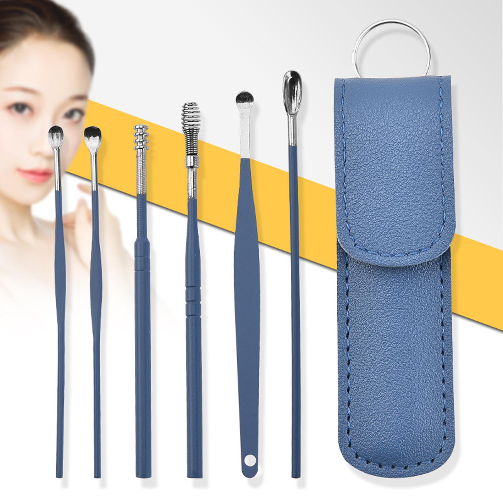 6Pcs Ear Wax Removal Tool Polished for Ear Care with Leather Bag Men Women Blue