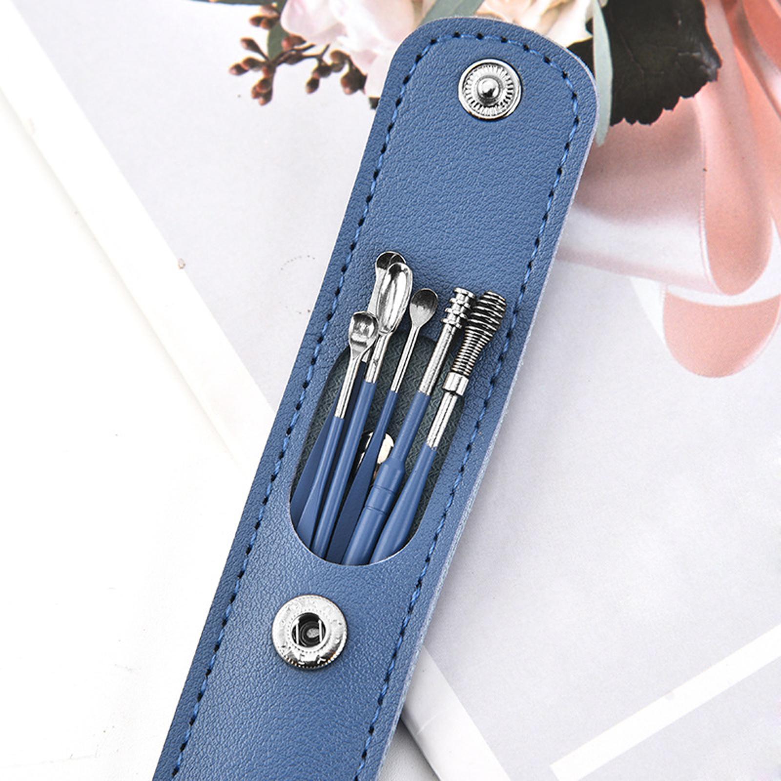 6Pcs Ear Wax Removal Tool Polished for Ear Care with Leather Bag Men Women Blue