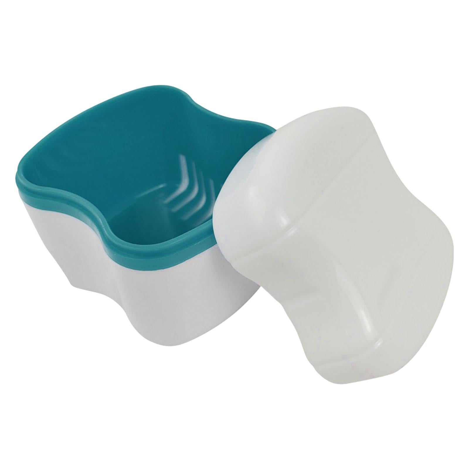 Denture Bath Box Organizer with Strainer Basket Teeth Portable Lake Blue