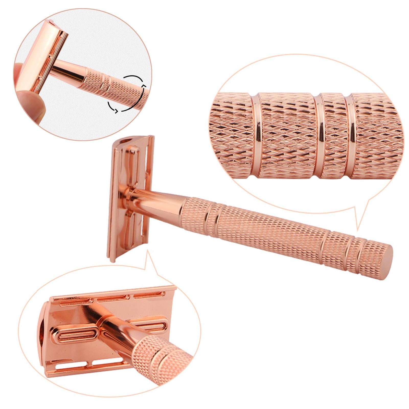 Double Edge Safety Razor Shaver for with 5 Premium Stainless Steel Blades Rose Gold