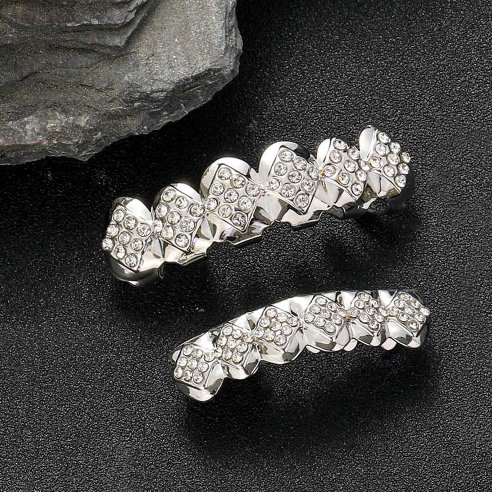 Hip Hop Grills Diamante Plated Removable Punk for Halloween Cosplay Gift Silver