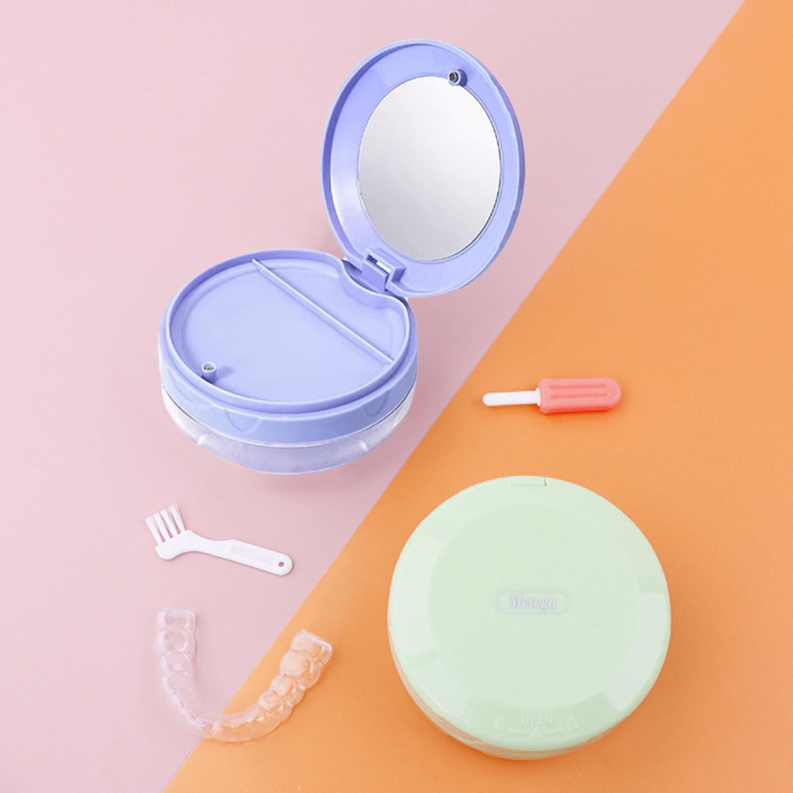 Braces Storage Box with Mirror Portable for Retainer Cleaning Women Teenager Blue