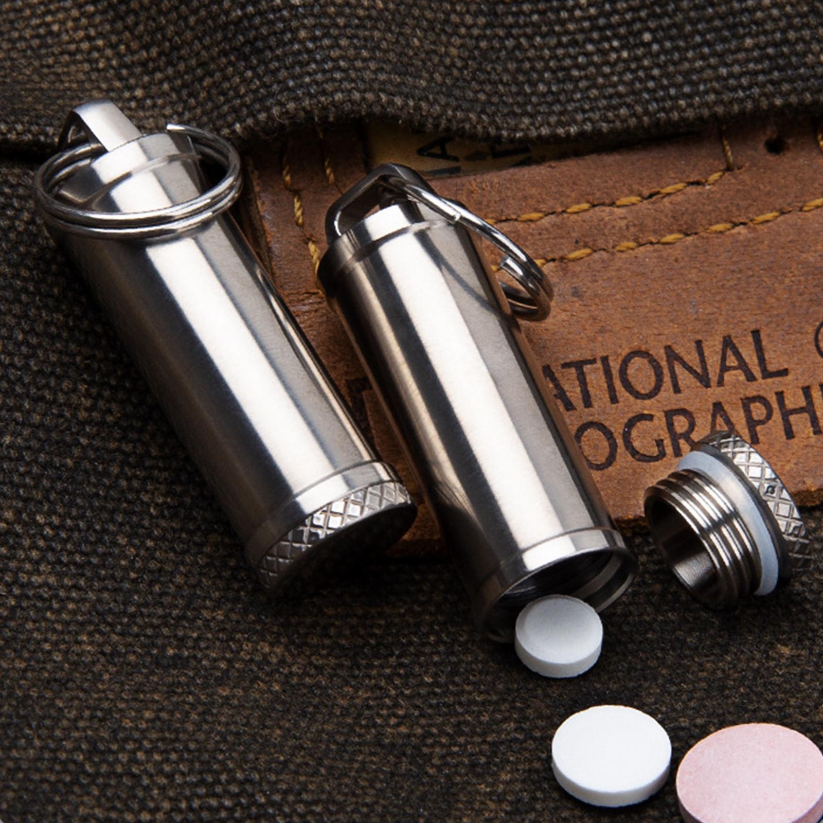 Pill Box Waterproof Metal Pill Case Keychain Carrier for Camping Travelling