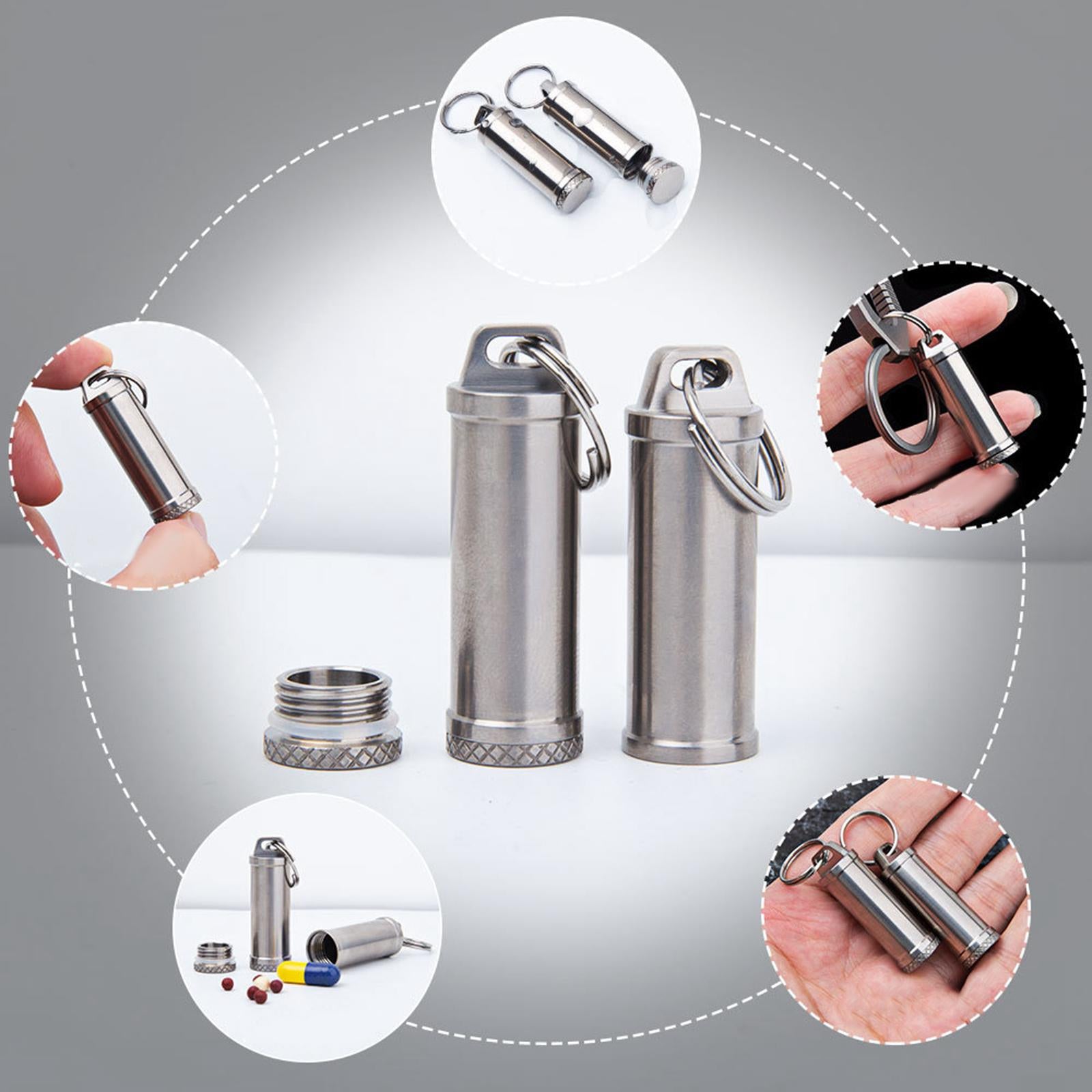 Pill Box Waterproof Metal Pill Case Keychain Carrier for Camping Travelling