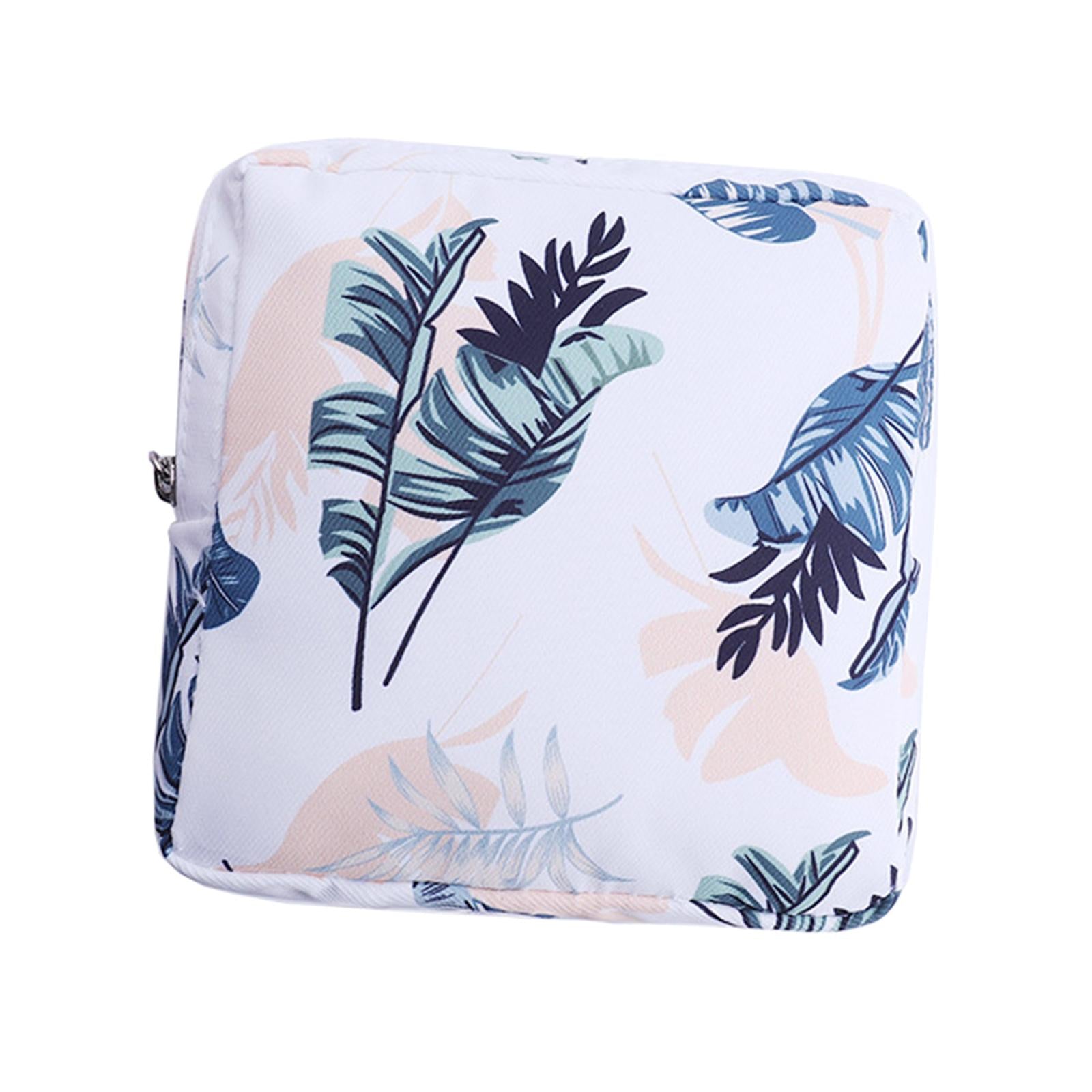 Washable Sanitary Napkin Storage Bag Toiletry Pouch Nursing Girls Ladies white leaves