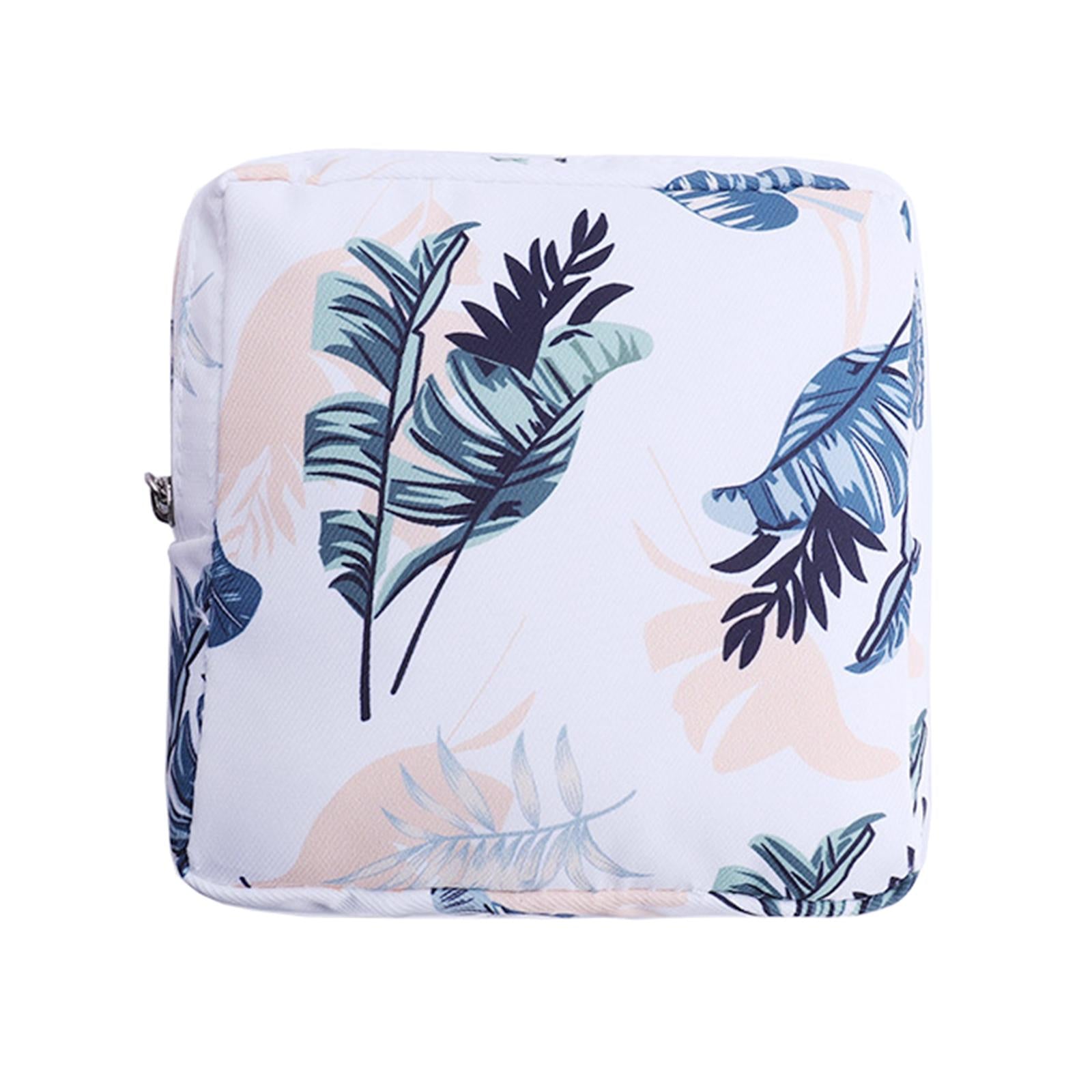 Washable Sanitary Napkin Storage Bag Toiletry Pouch Nursing Girls Ladies white leaves