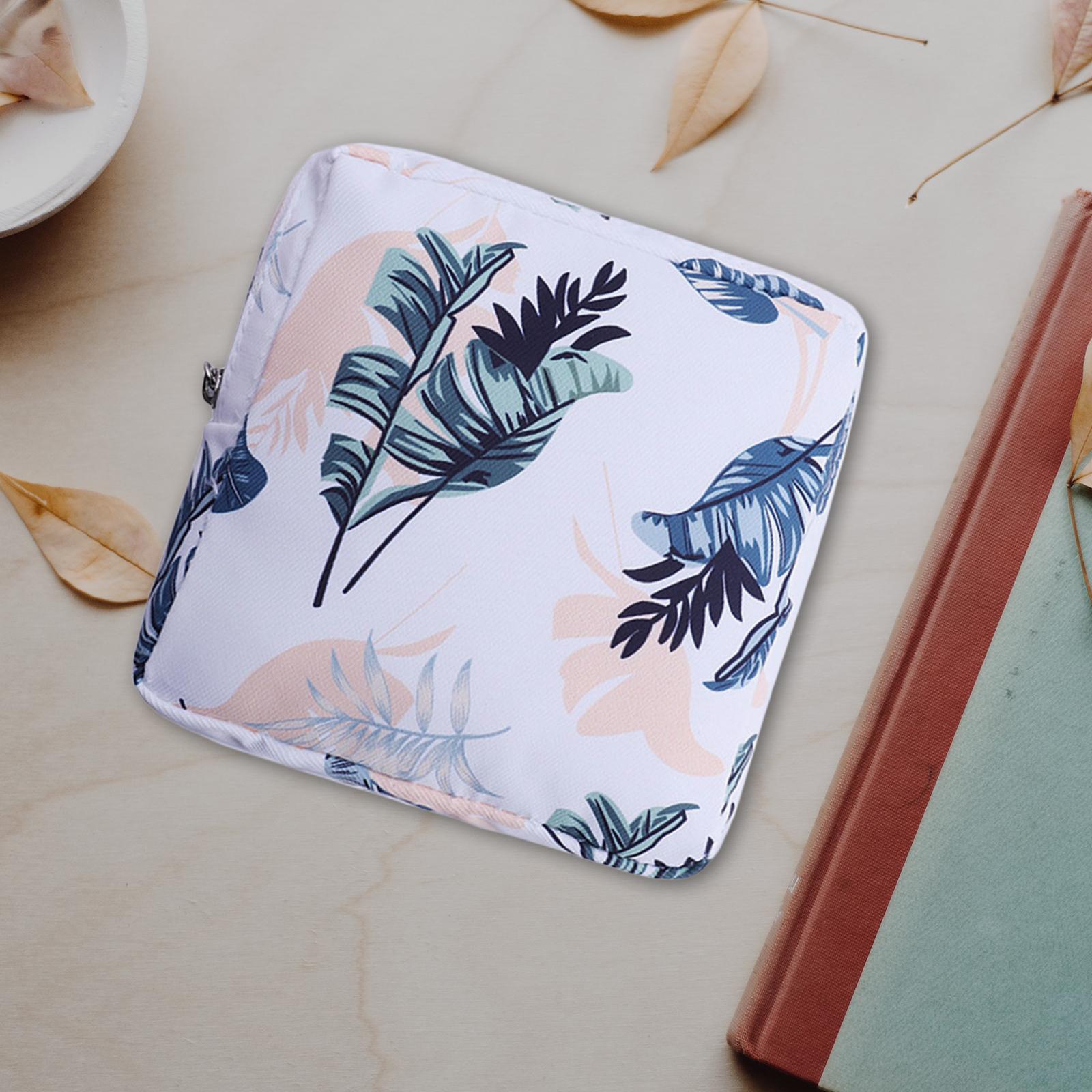 Washable Sanitary Napkin Storage Bag Toiletry Pouch Nursing Girls Ladies white leaves