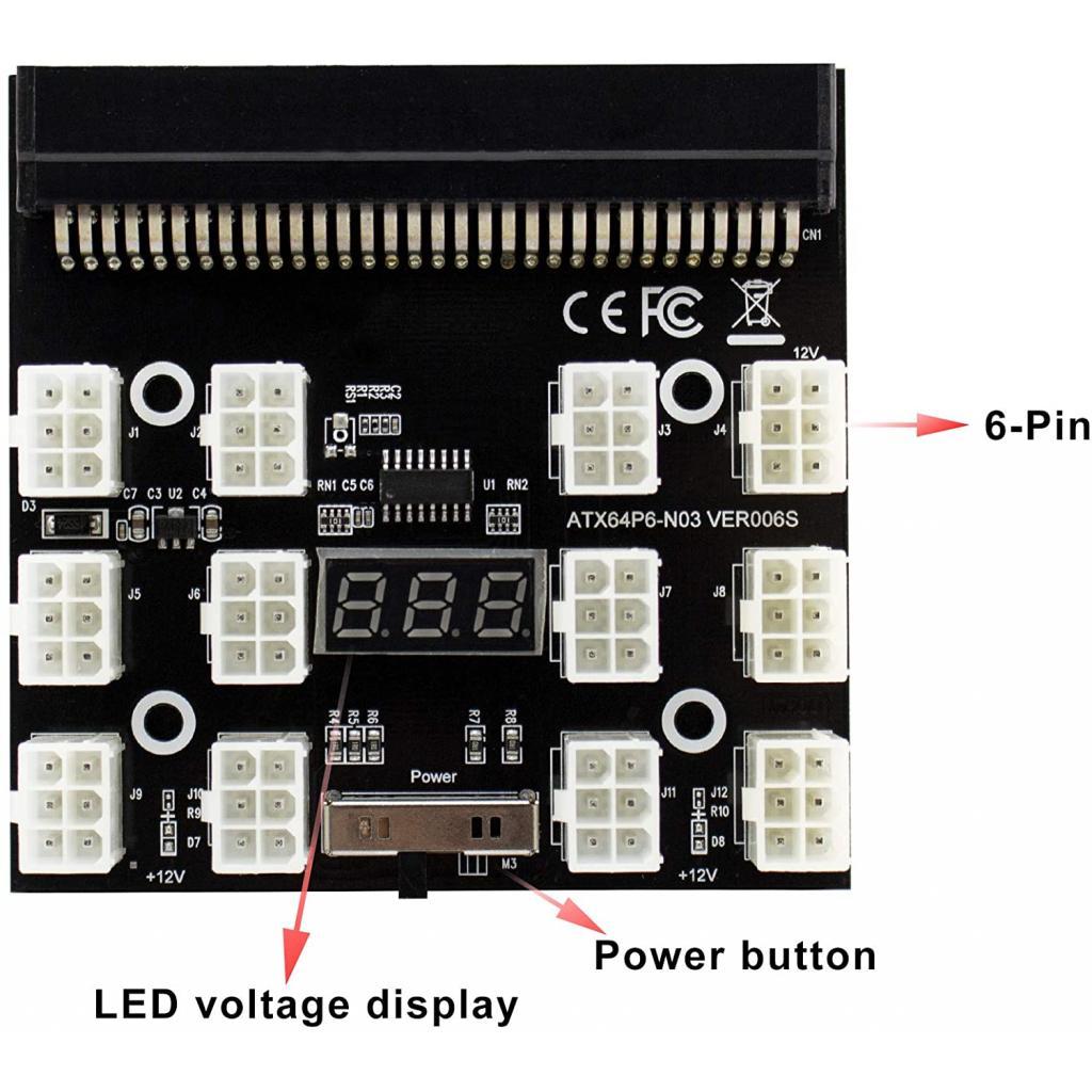 PCI-E 12V 64Pin to 12x 6Pin Breakout Board for HP 1200W 750W PSU GPU Mining
