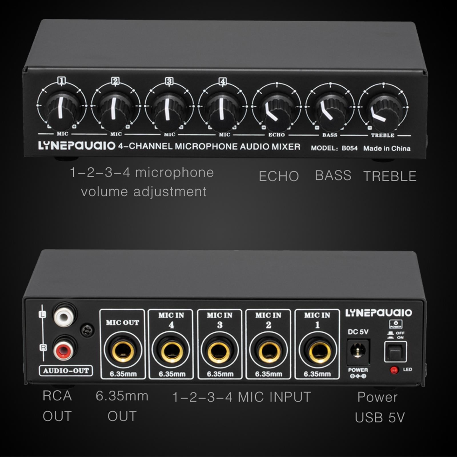 4 Way Microphone Audio Mixer Stereo for Small Club 165x82x38mm