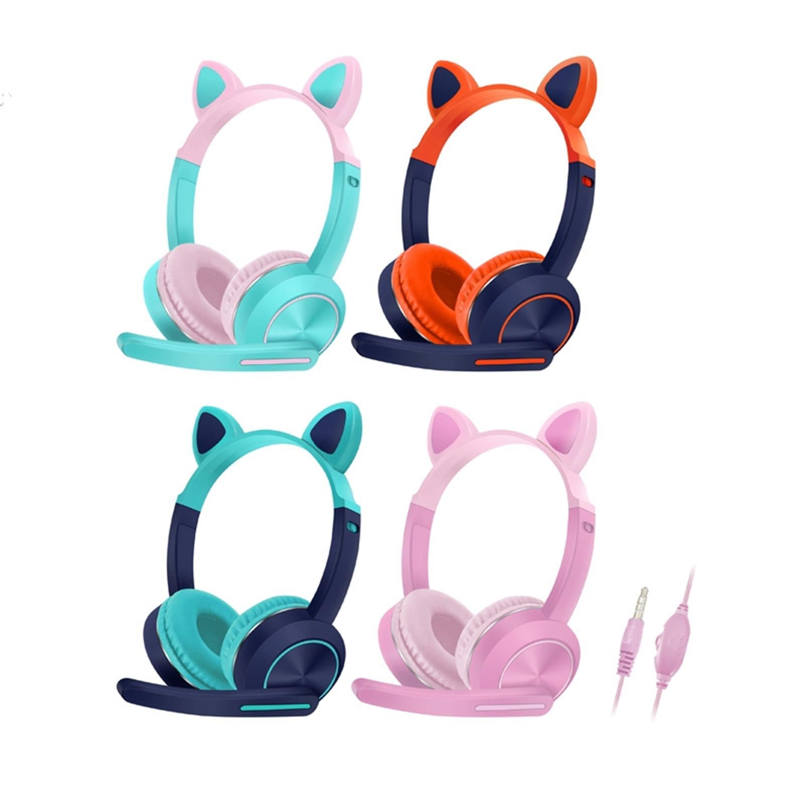Wired Cat Ear Headset HiFi with Mic for Video Game Music PC Cyan and Pink