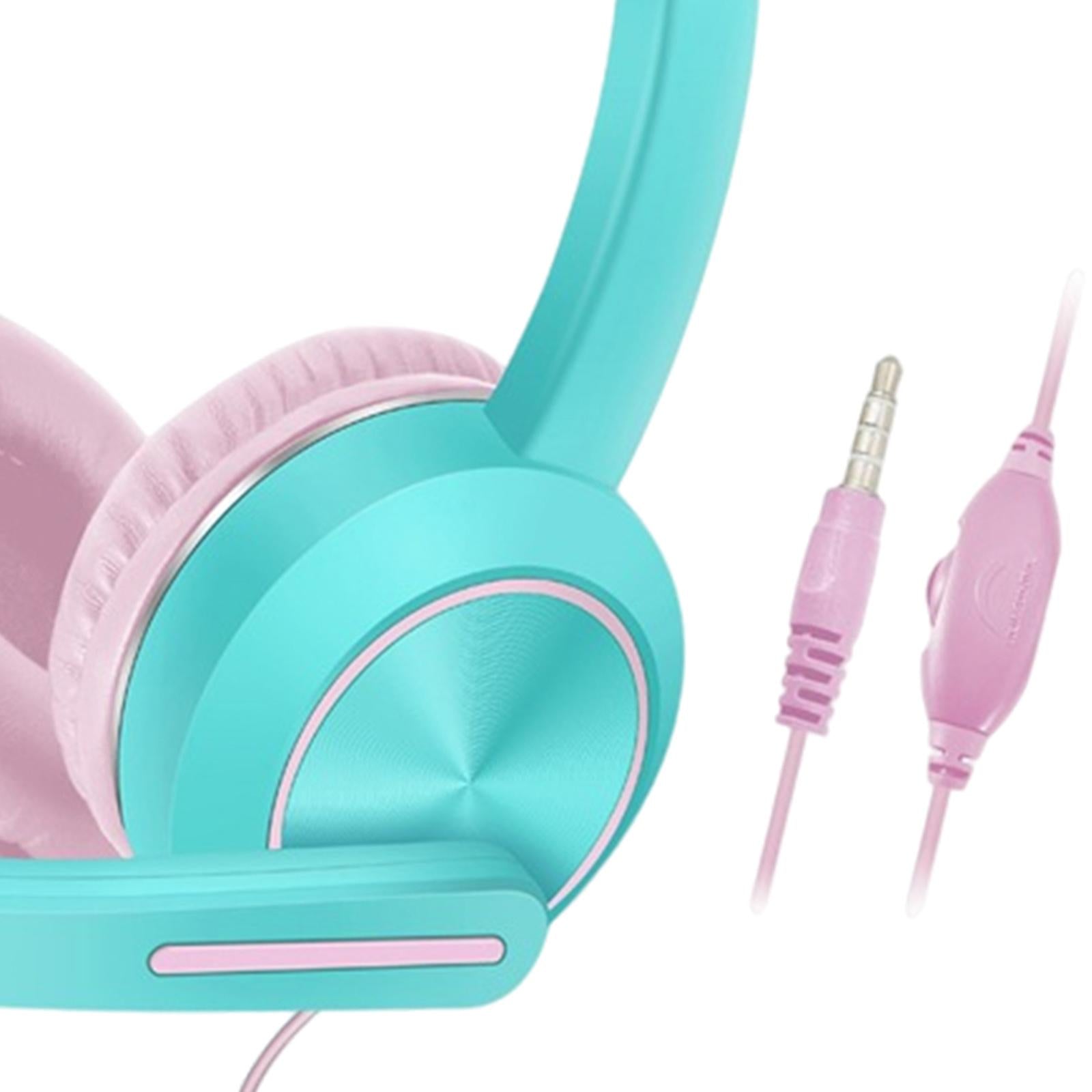 Wired Cat Ear Headset HiFi with Mic for Video Game Music PC Cyan and Pink