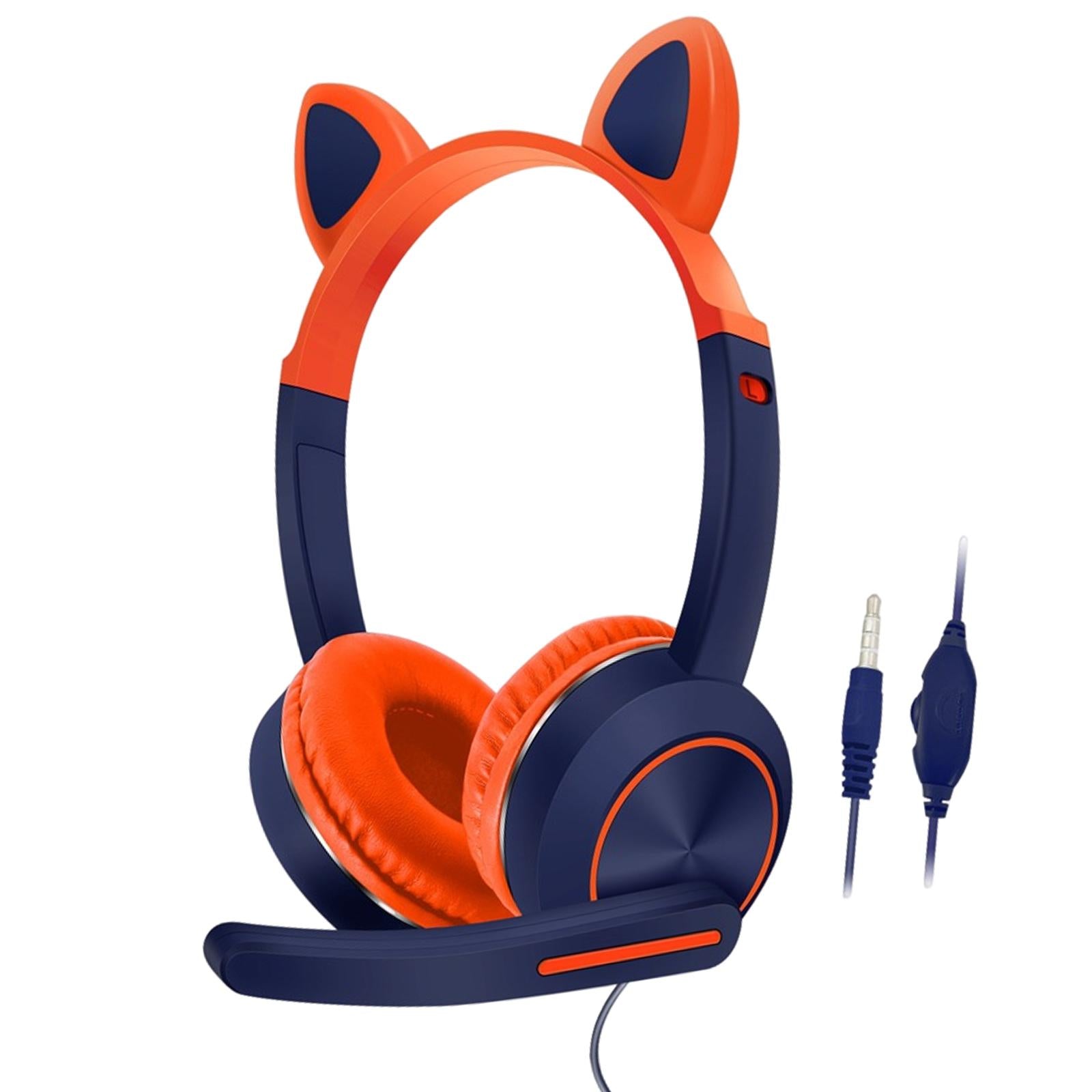Wired Cat Ear Headset HiFi with Mic for Video Game Music PC Orange and Blue