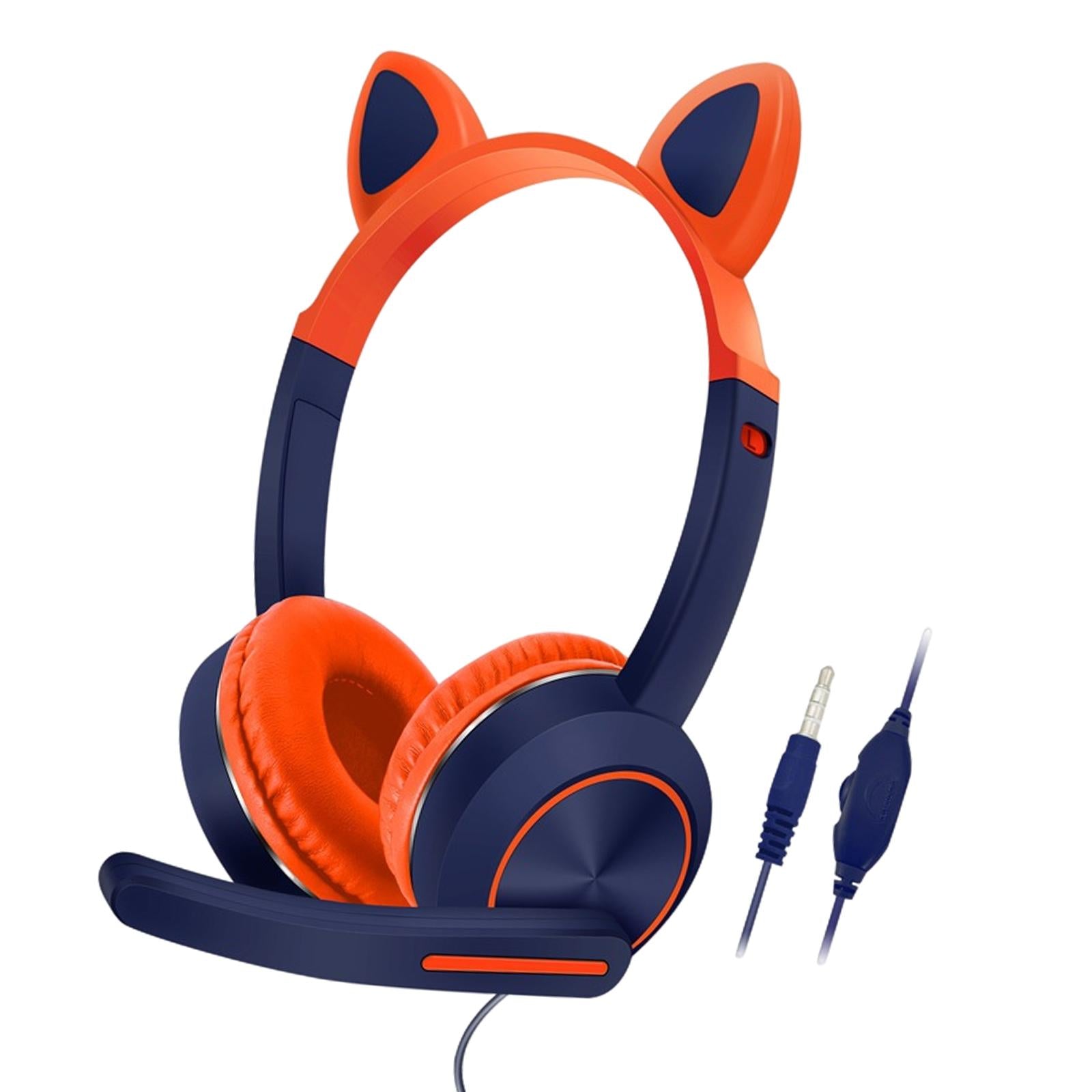 Wired Cat Ear Headset HiFi with Mic for Video Game Music PC Orange and Blue