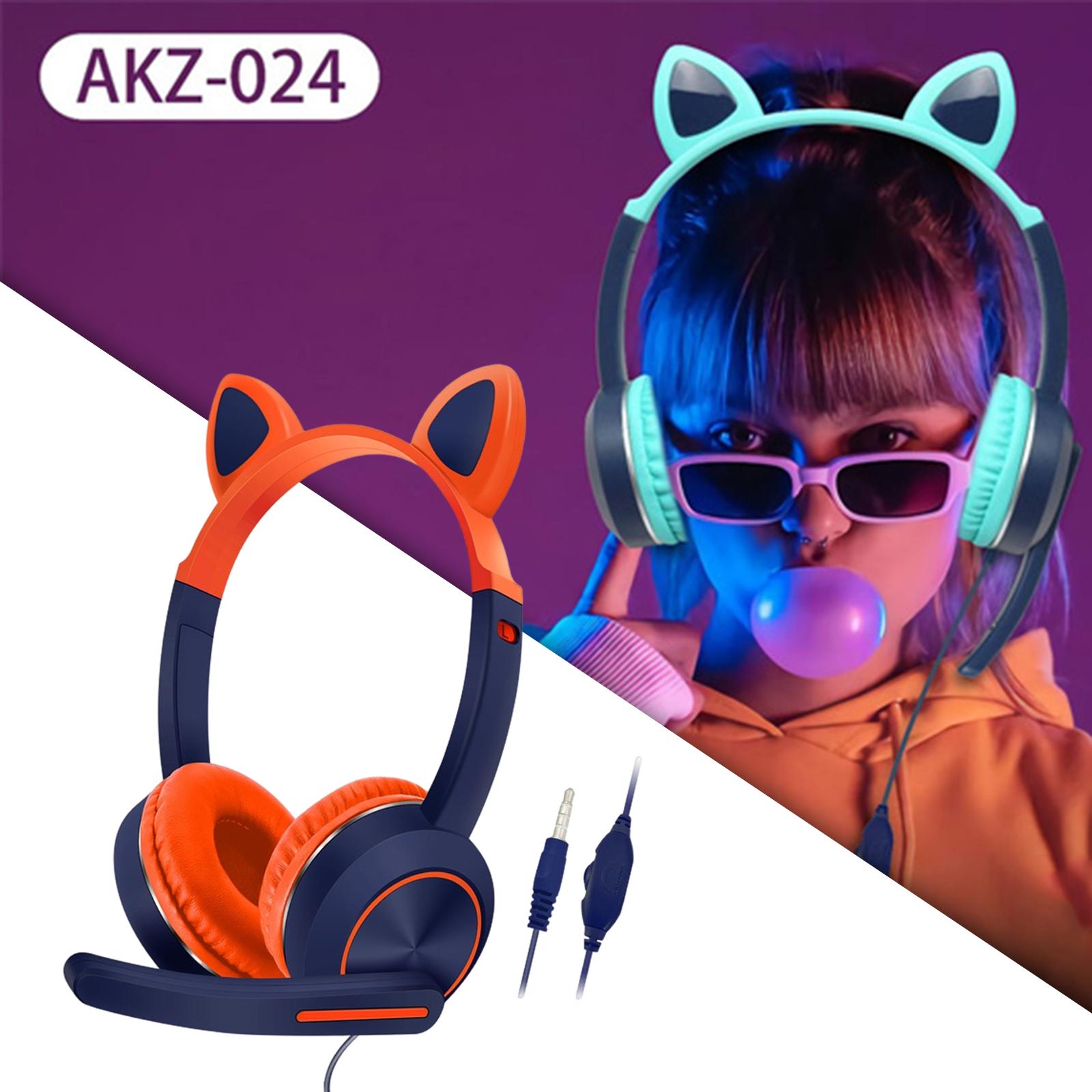 Wired Cat Ear Headset HiFi with Mic for Video Game Music PC Orange and Blue