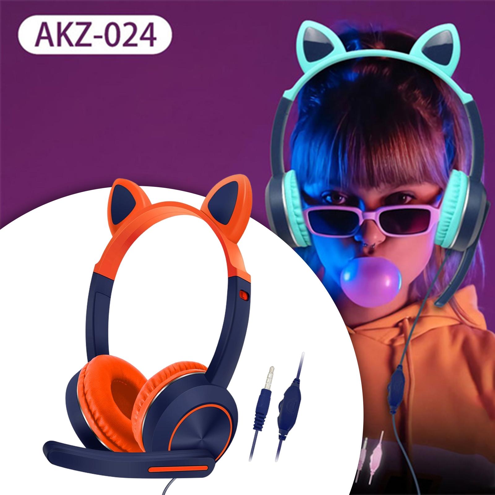 Wired Cat Ear Headset HiFi with Mic for Video Game Music PC Orange and Blue