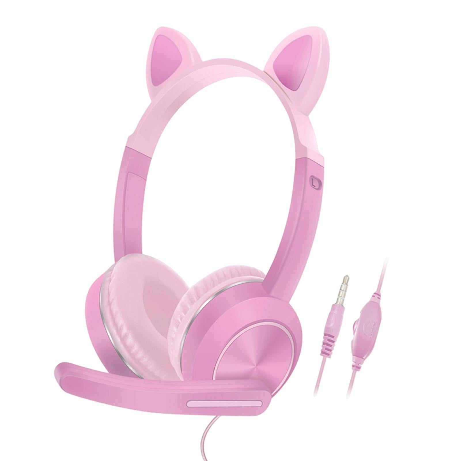 Wired Cat Ear Headset HiFi with Mic for Video Game Music PC Pink