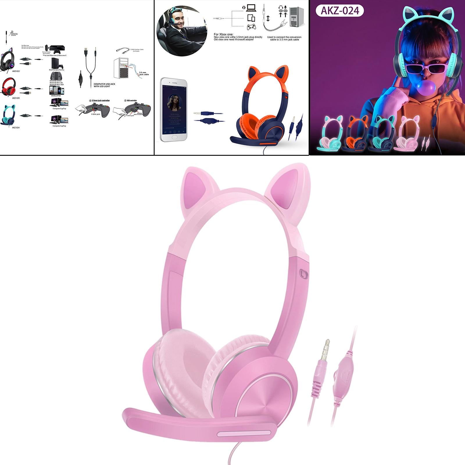 Wired Cat Ear Headset HiFi with Mic for Video Game Music PC Pink