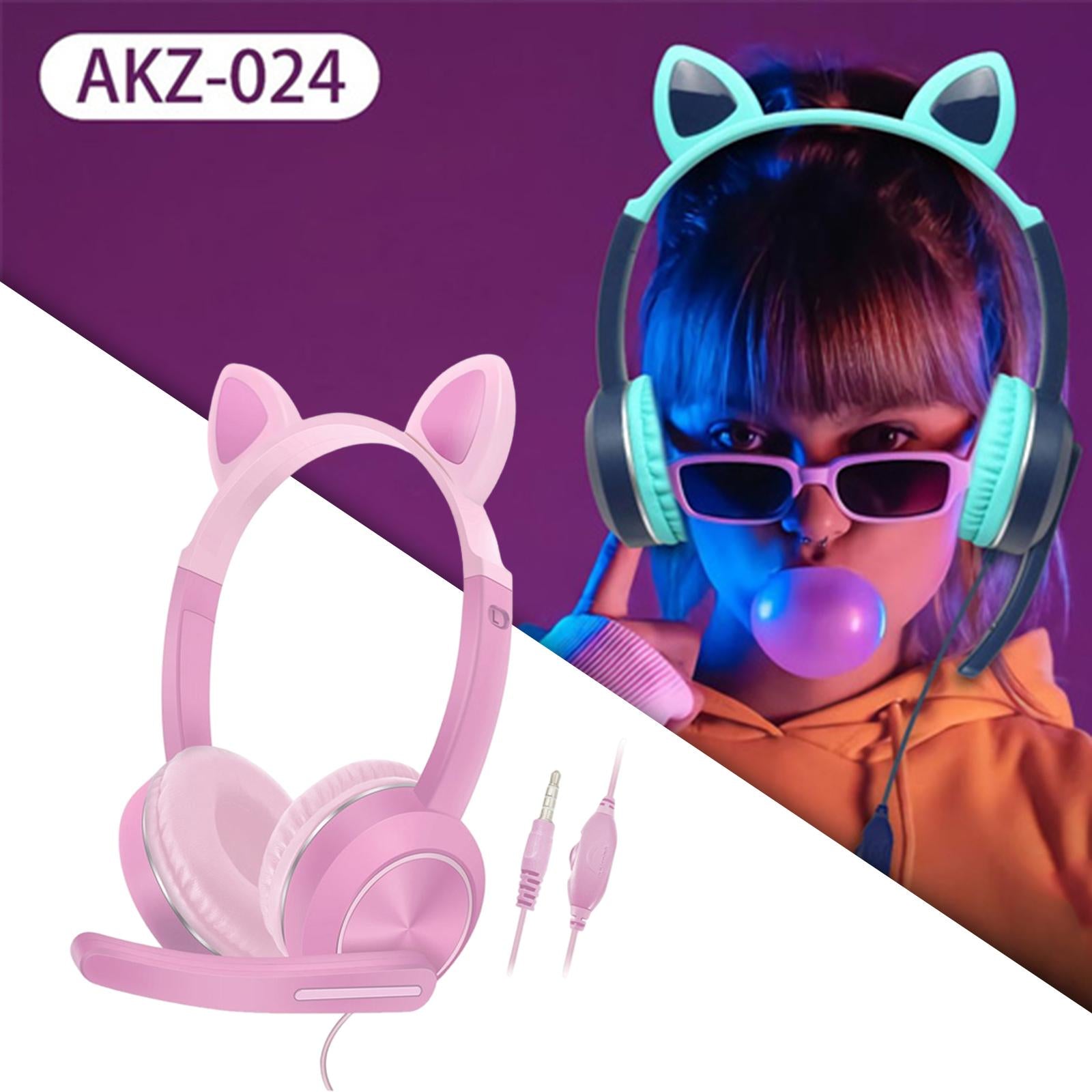 Wired Cat Ear Headset HiFi with Mic for Video Game Music PC Pink