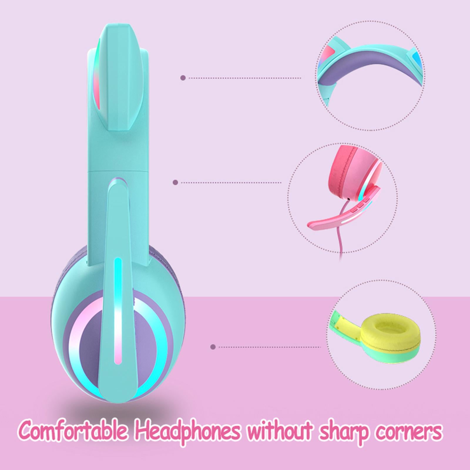 Kid LED Fashion Cute Cat Ear Headphones On-Ear Headsets with Mic Foldable Wired Pink