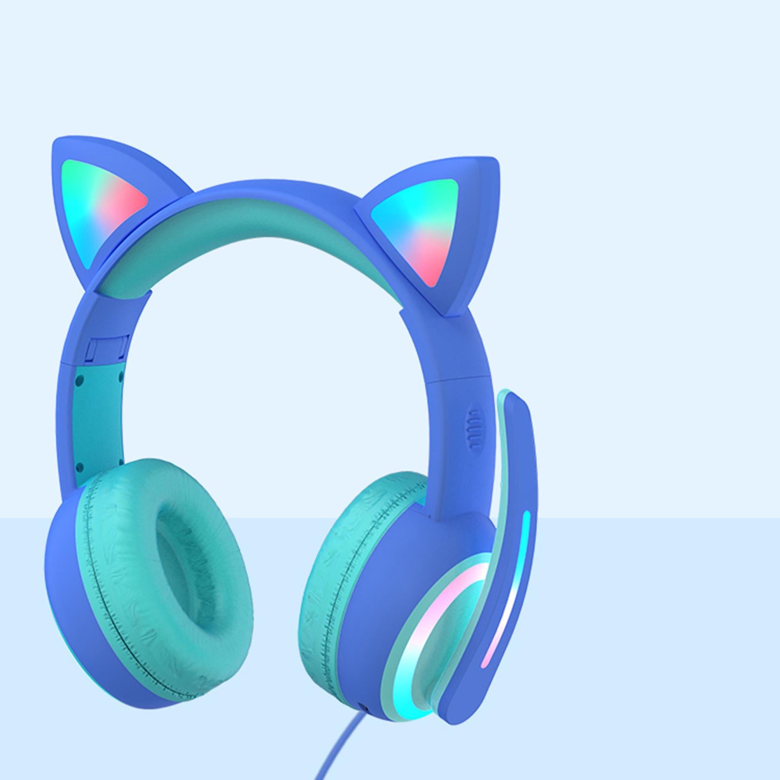 Kid LED Fashion Cute Cat Ear Headphones On-Ear Headsets with Mic Foldable Wired Dark Blue