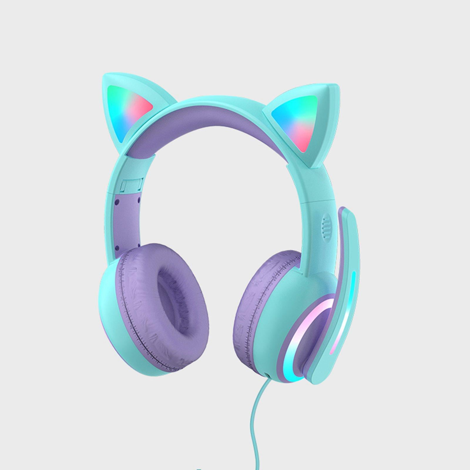 Kid LED Fashion Cute Cat Ear Headphones On-Ear Headsets with Mic Foldable Wired Light Blue
