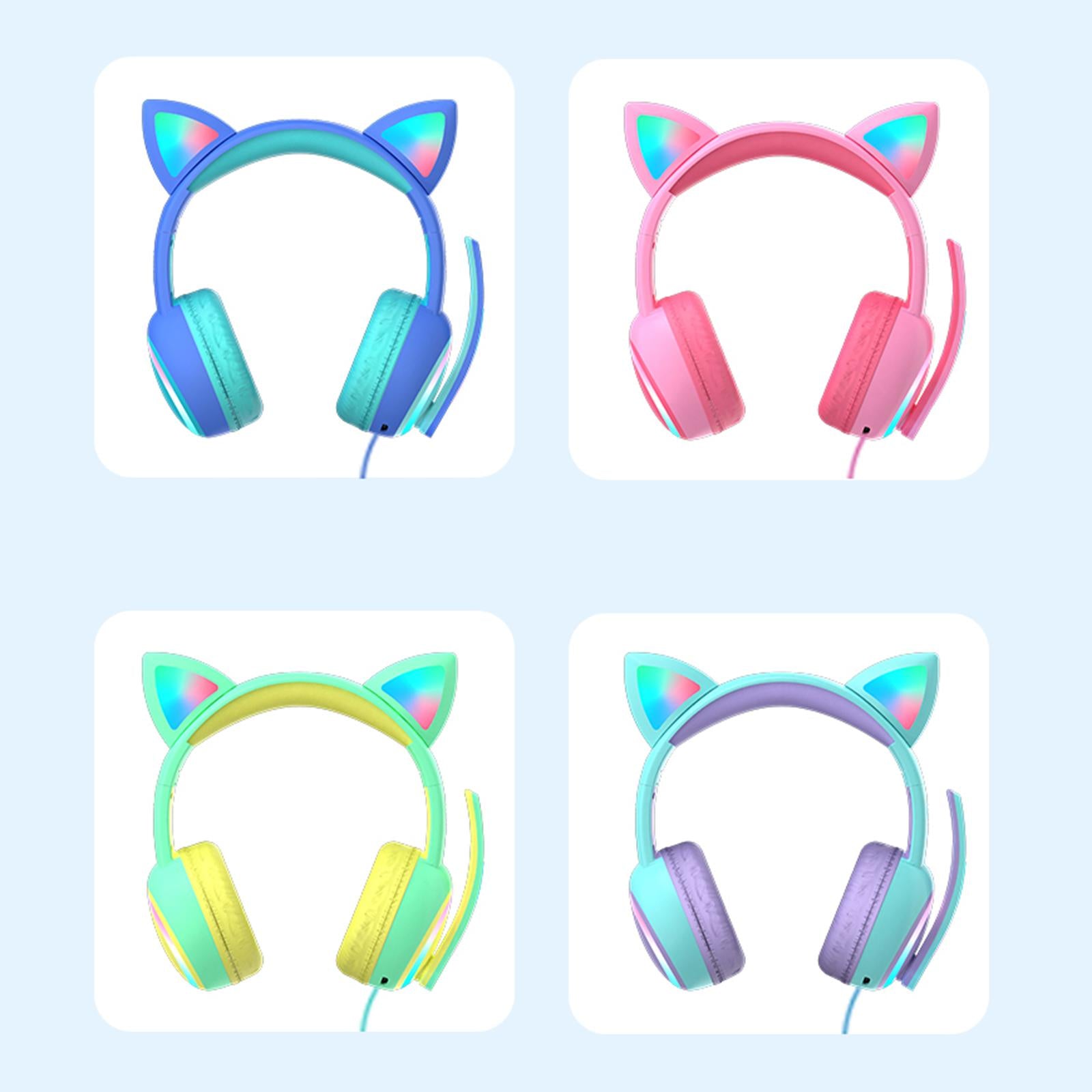 Kid LED Fashion Cute Cat Ear Headphones On-Ear Headsets with Mic Foldable Wired Light Blue