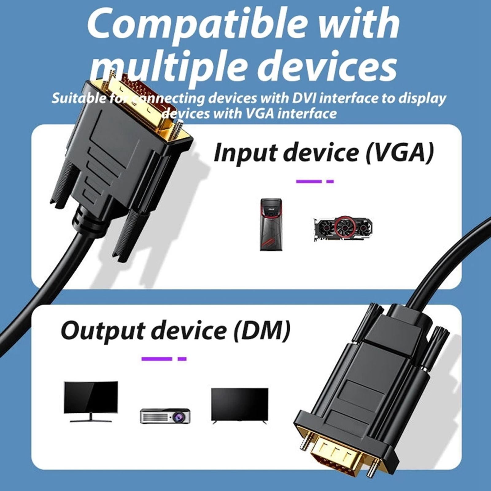 DVI to VGA Cable 1080P @60Hz Gold Plated for Video PC DVD Monitor Desktop 1 meter