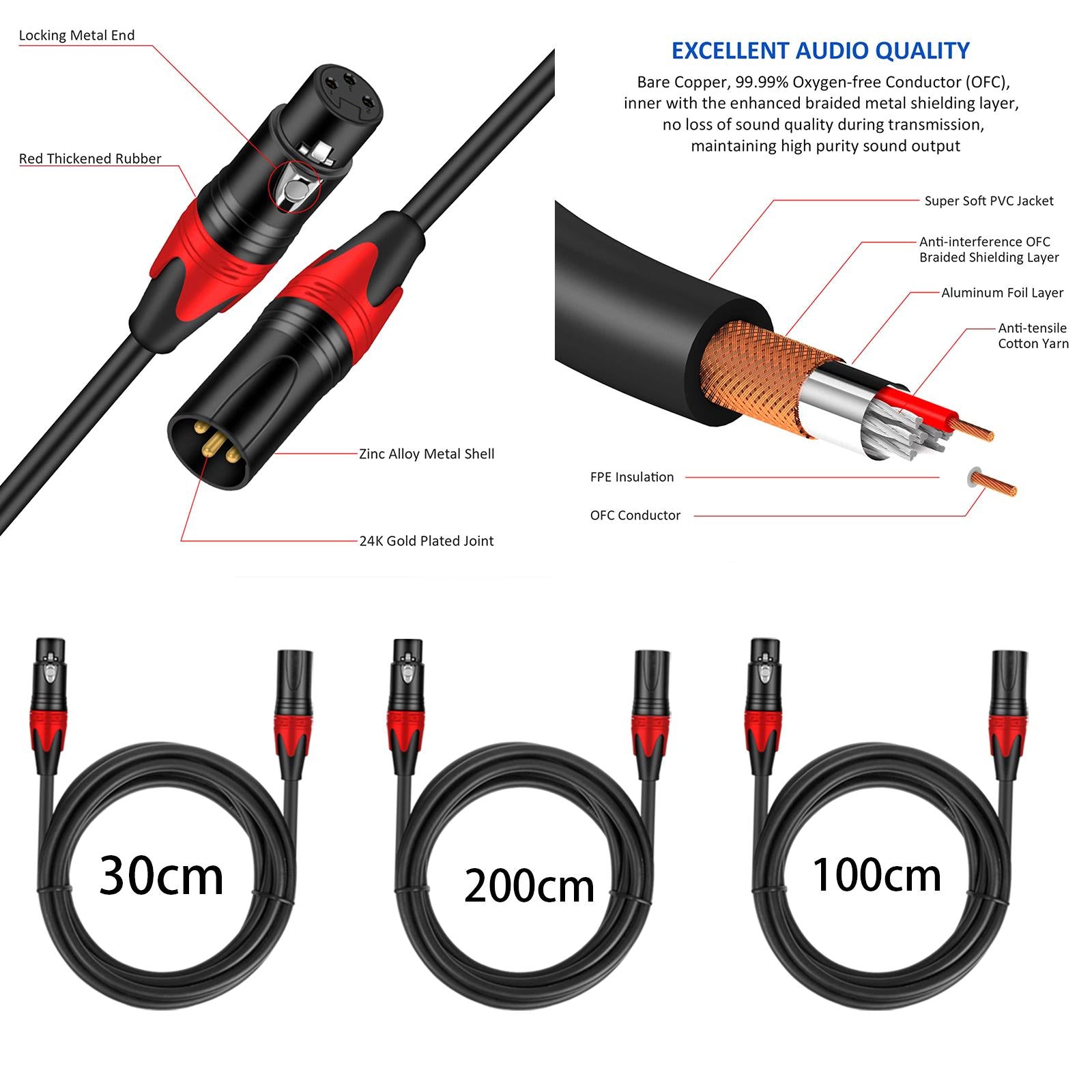 XLR Microphone Cable Audio Cable XLR Cable for PA Systems Mixers Speakers 0.3m