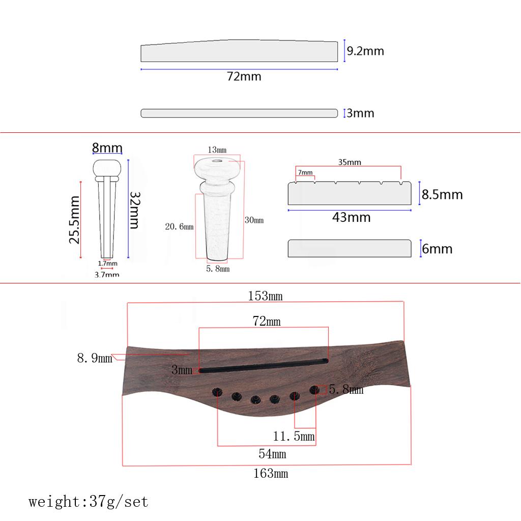 1 Set Acoustic Guitar Rosewood Bridge+Bone Bridge Pins Saddle Nut
