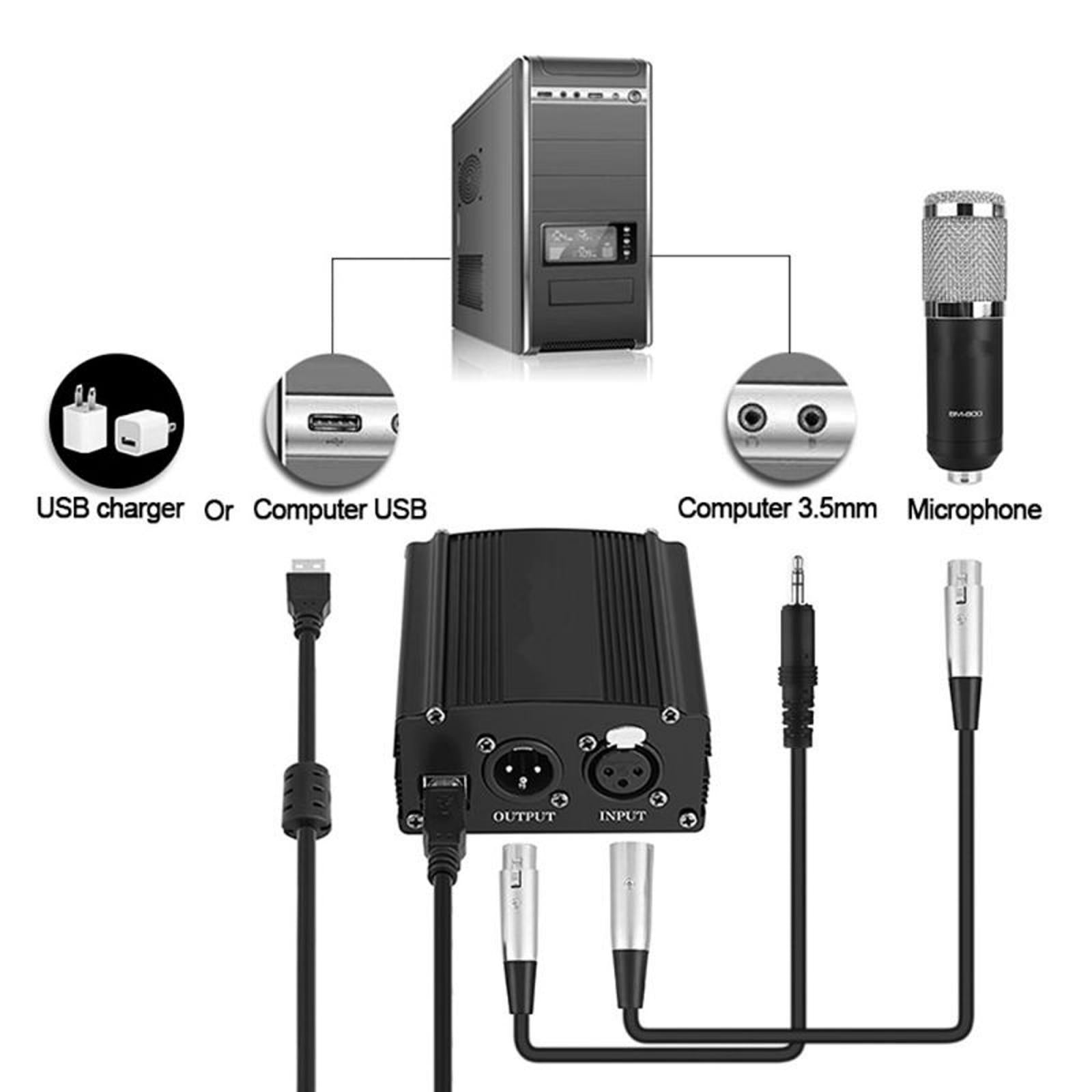 48V Phantom Power Supply with Charging Cable for Microphone Music Recording