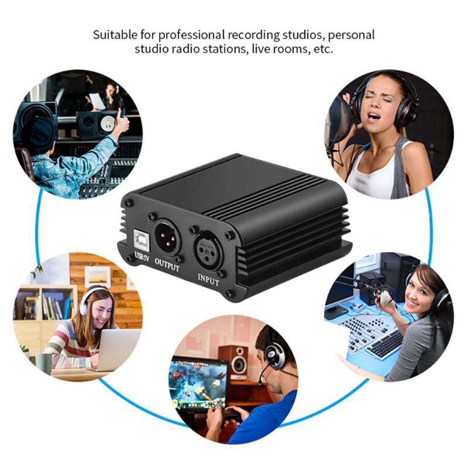 48V Phantom Power Supply with Charging Cable for Microphone Music Recording