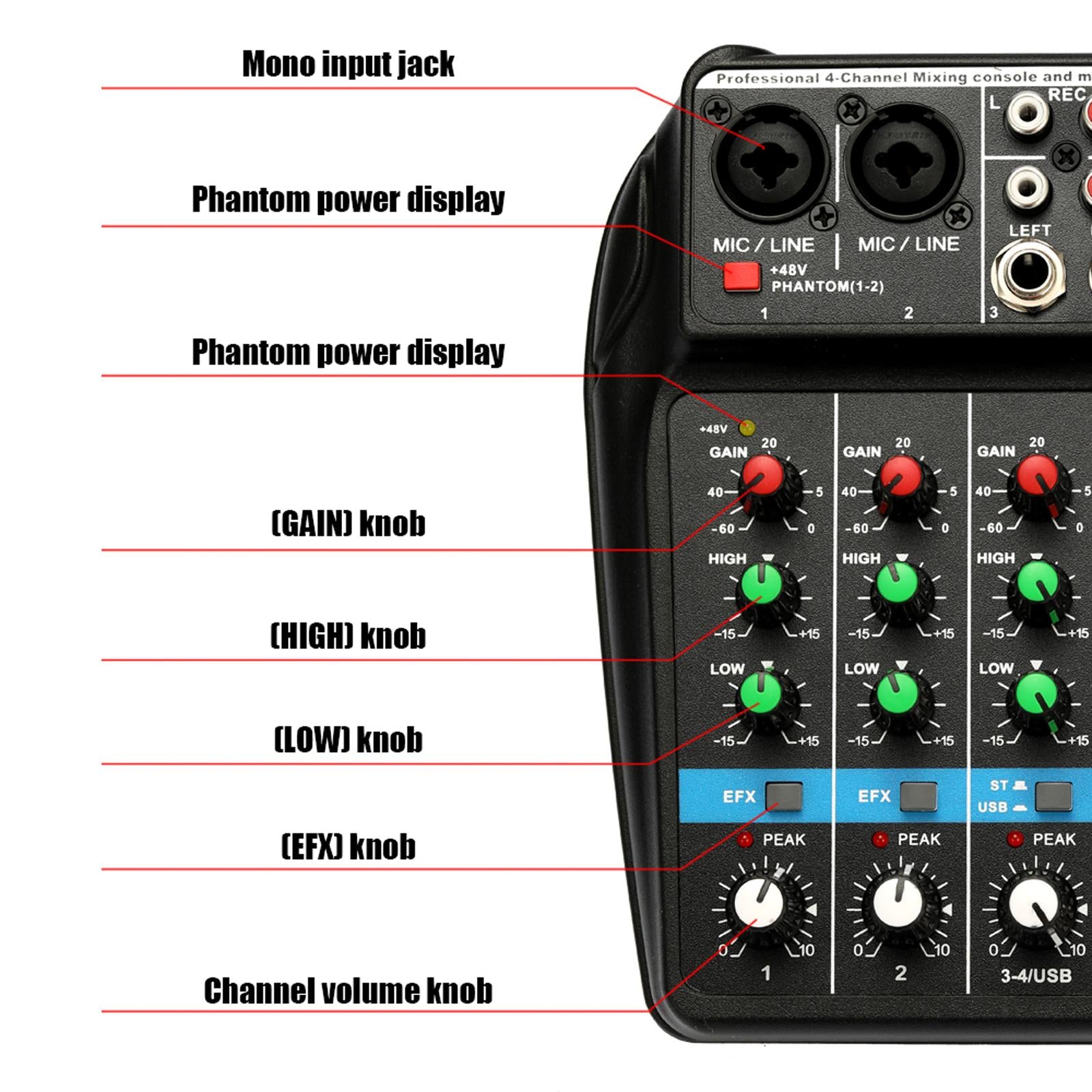 Portable 4 Channel Digital Sound Mixing Console 48V Amplifier