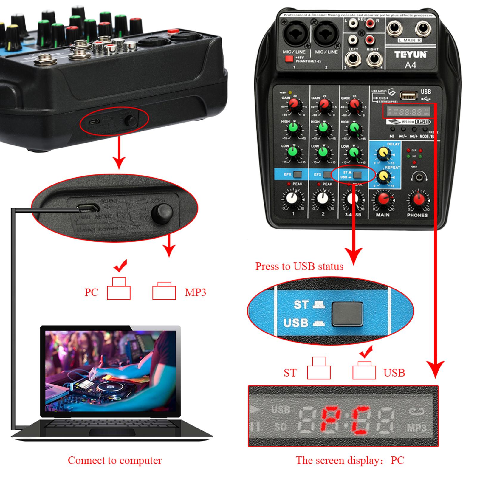 Portable 4 Channel Digital Sound Mixing Console 48V Amplifier