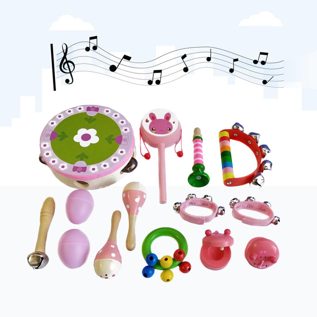 Wooden Percussion Instruments Toy 10 Types Bell Drum Baby Toddlers pink
