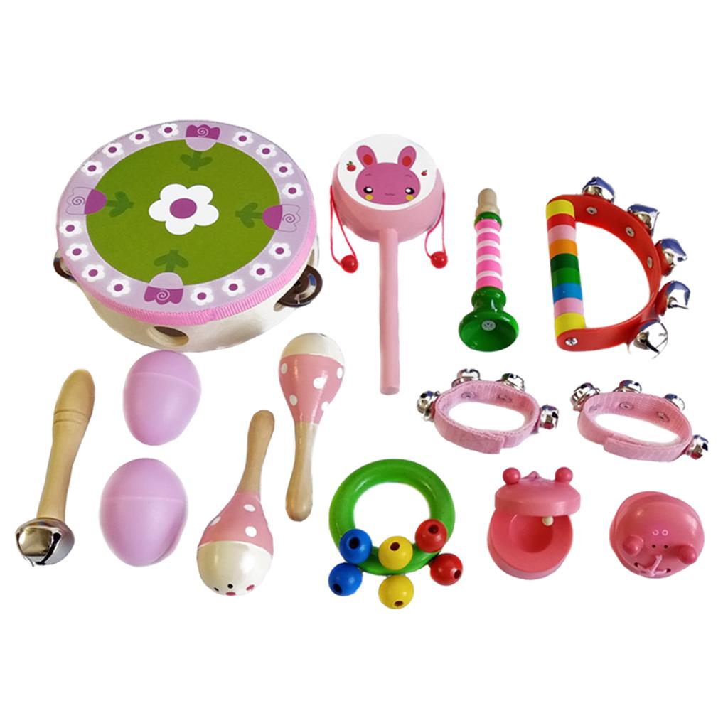 Wooden Percussion Instruments Toy 10 Types Bell Drum Baby Toddlers pink