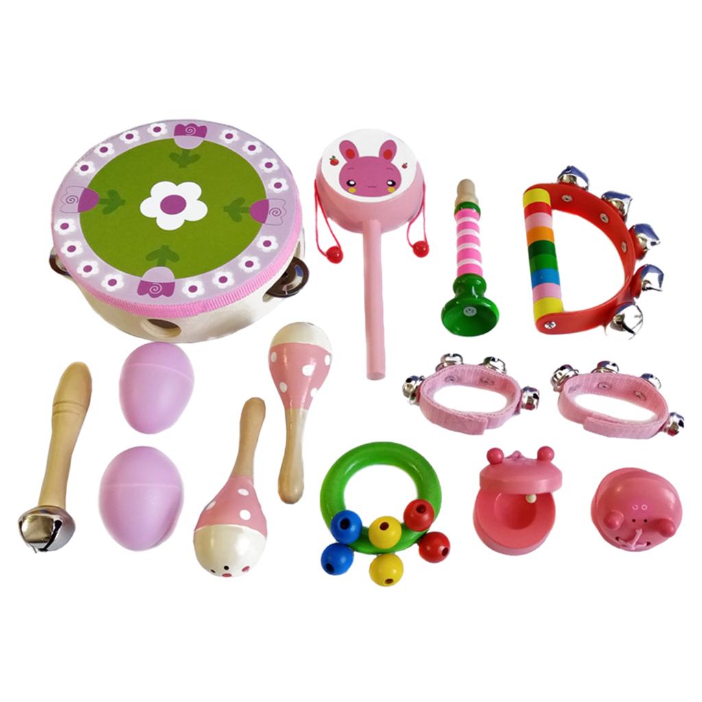 Wooden Percussion Instruments Toy 10 Types Bell Drum Baby Toddlers pink