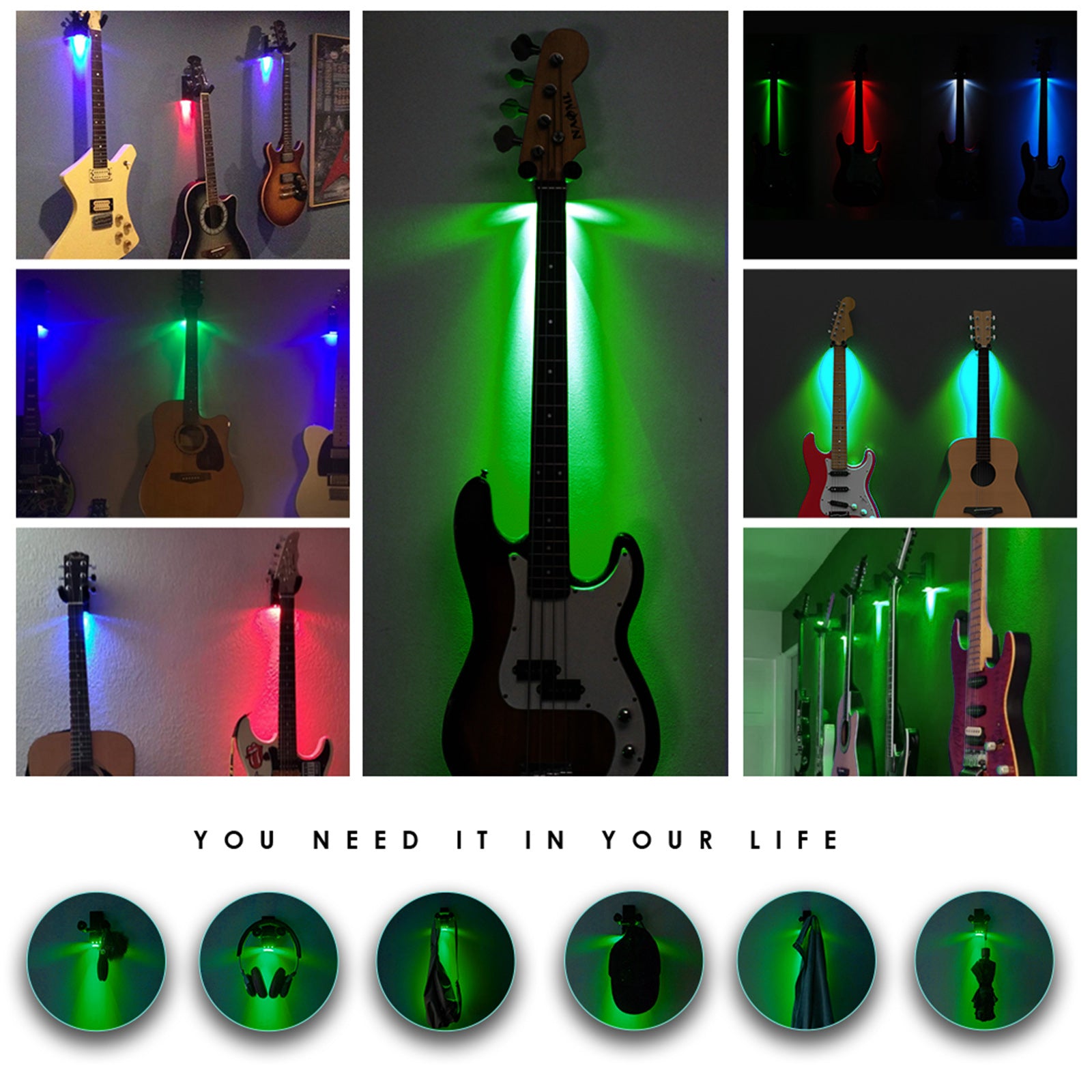 LED Guitar Wall Mount Bracket Support Stand Display for Banjo Ukulele Bass green light