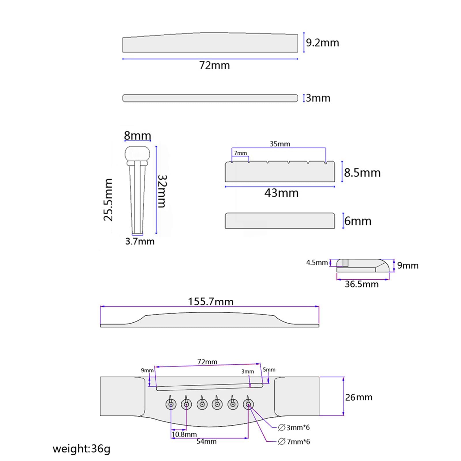 Acoustic Guitar Bridge with 6 Pegs Bridge Saddle Replacement