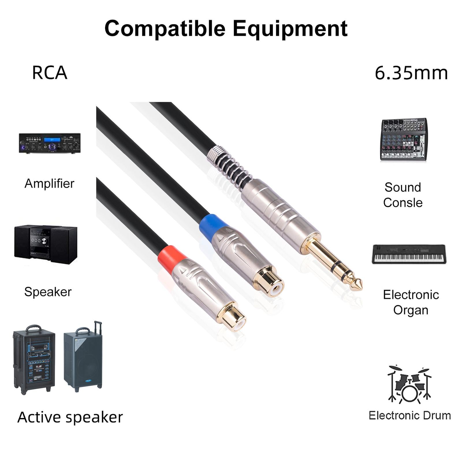 6.35mm Stereo Male to 2 Dual RCA Female Y Cable Adapter Splitter Wire Plug