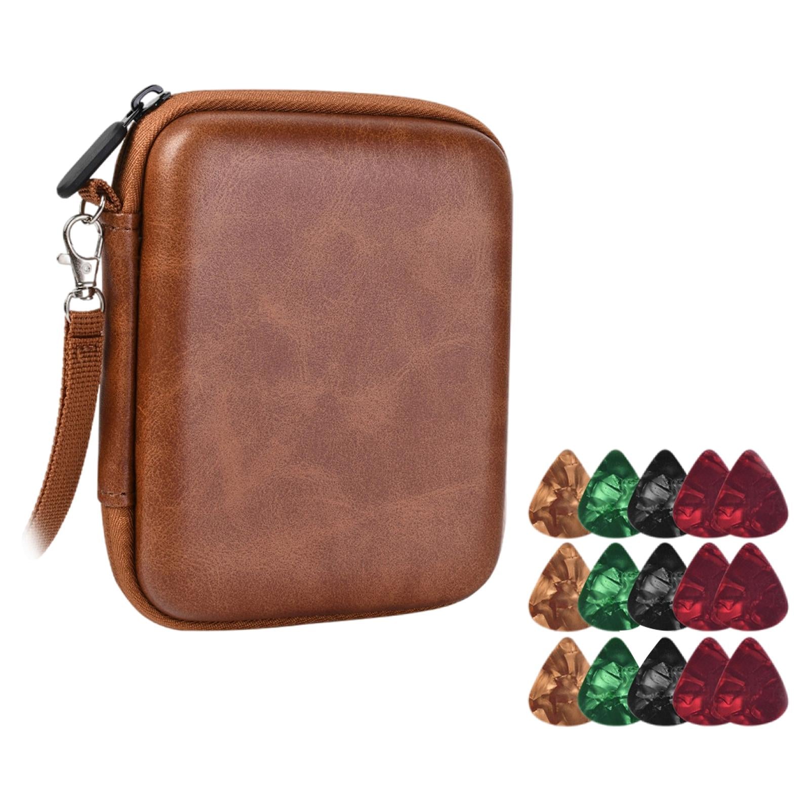 Guitar Pick Holder W/ 15 Guitar Picks Multi-Function Universal Protective Brown