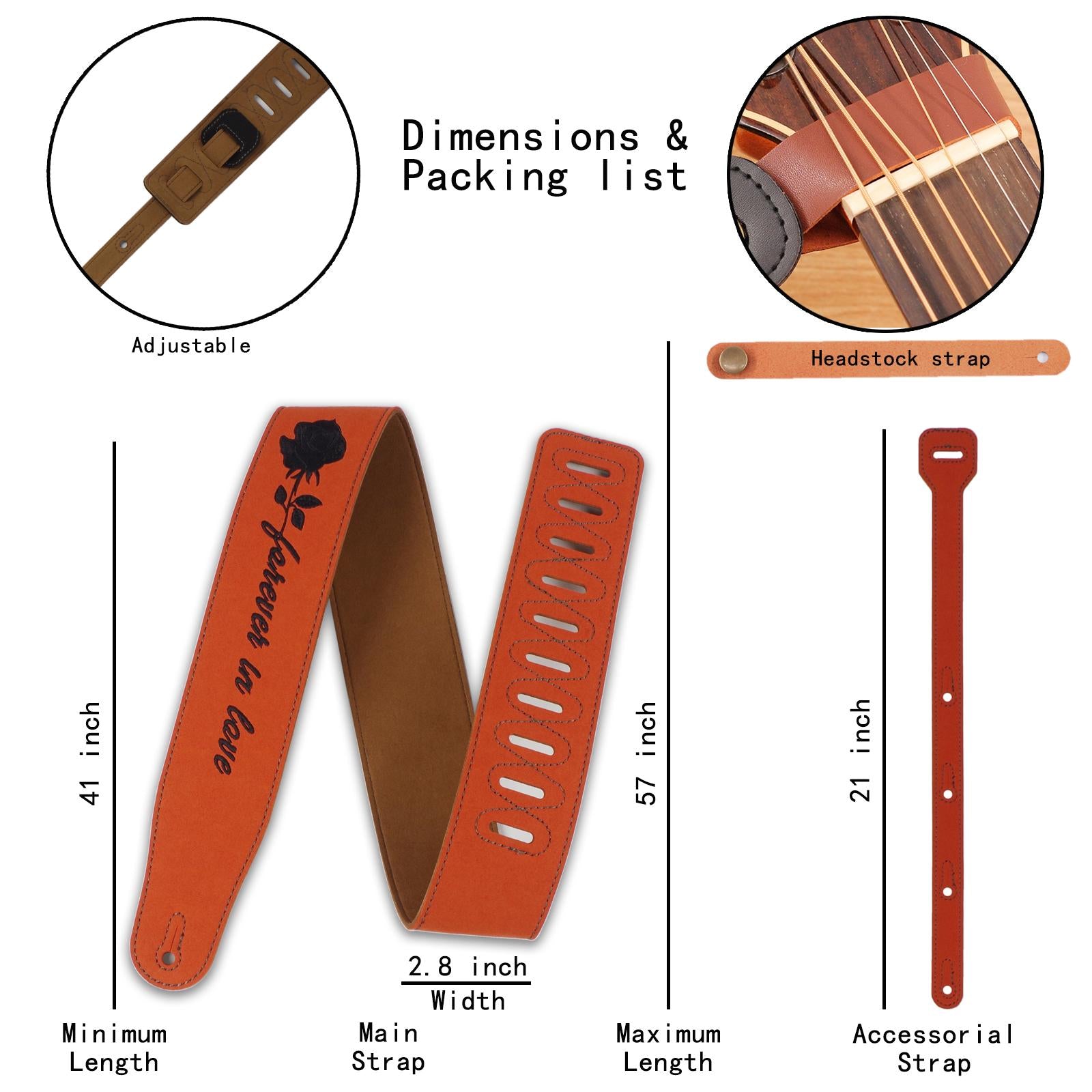Guitar or Bass Strap Adjustable Size Eco Friendly PU Leather Unisex Brown Rose